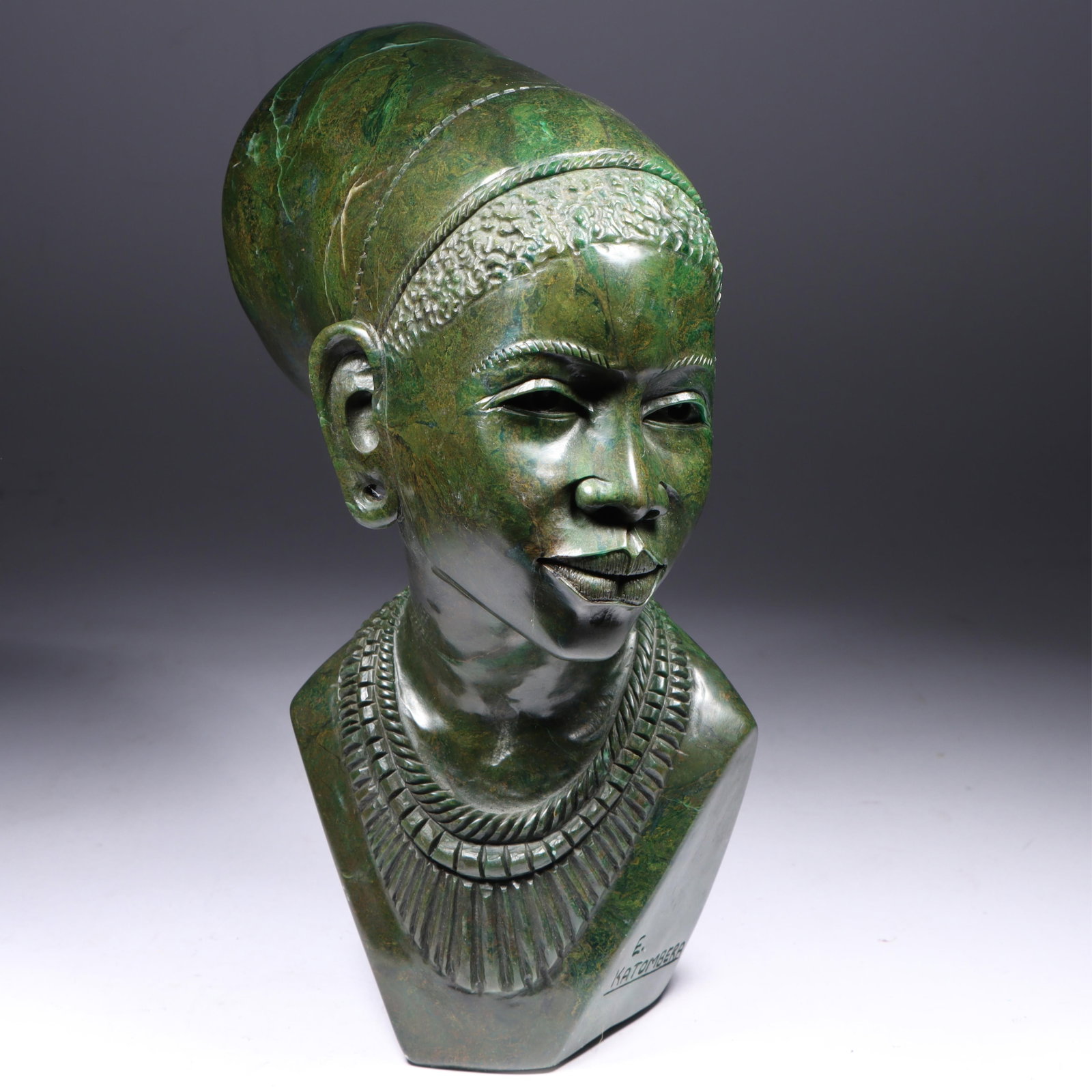Elliot Katombera, Zimbabwe (b.1974), African woman bust, carved jade hardstone, 11"H x 6"W (1 of 7)