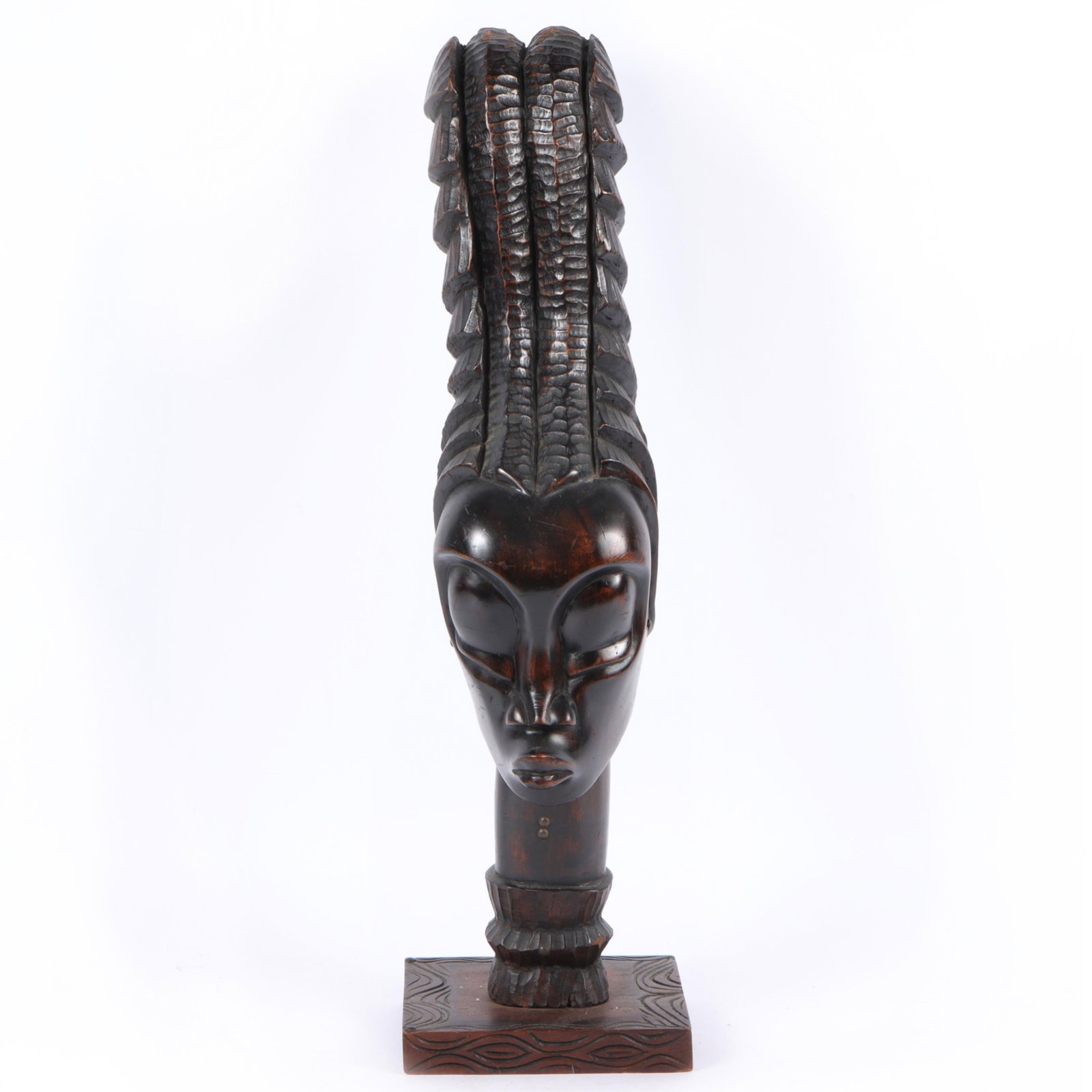 African tribal carved wood female stylized elongated Haitian head / bust. 28 3/4"H x 8 1/4"W (1 of 9)