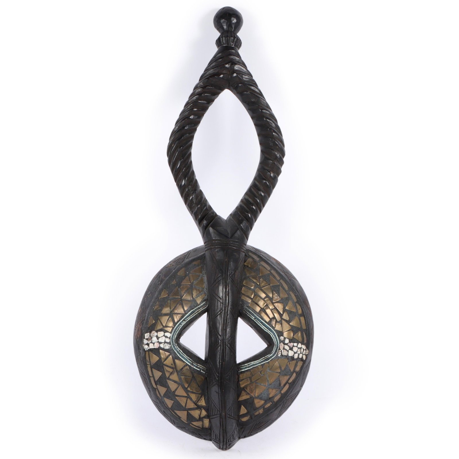 African Ashanti carved wood moon face mask with inlaid brass, beads, and shells, Ghana. 35 1/2"H x (1 of 11)