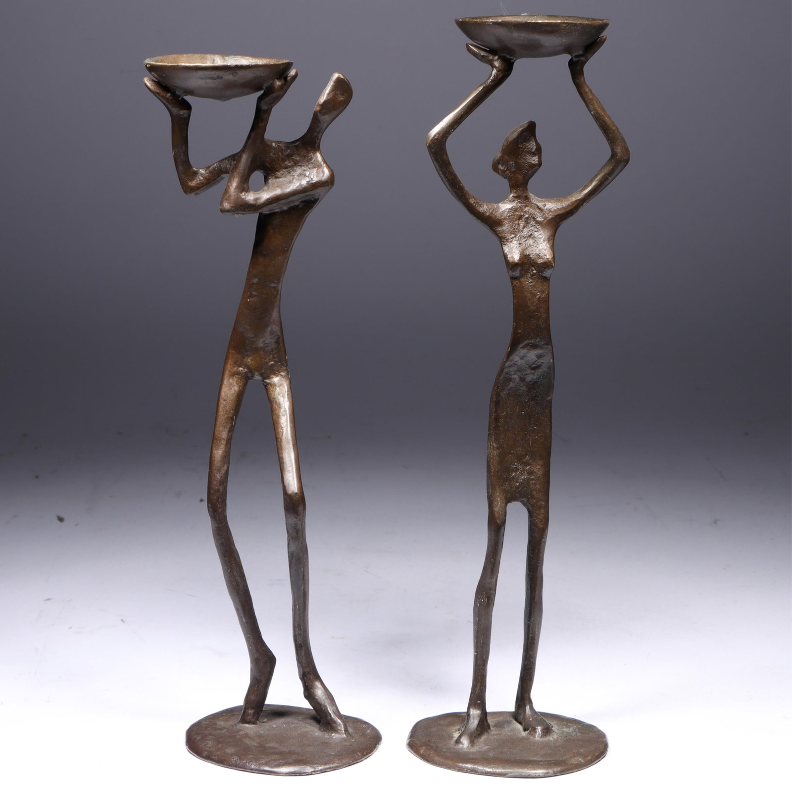 Pair vintage MCM Brutalist cast bronze figural candle holder sculptures. 12 1/2"H x 3 1/2"W (woman (1 of 11)