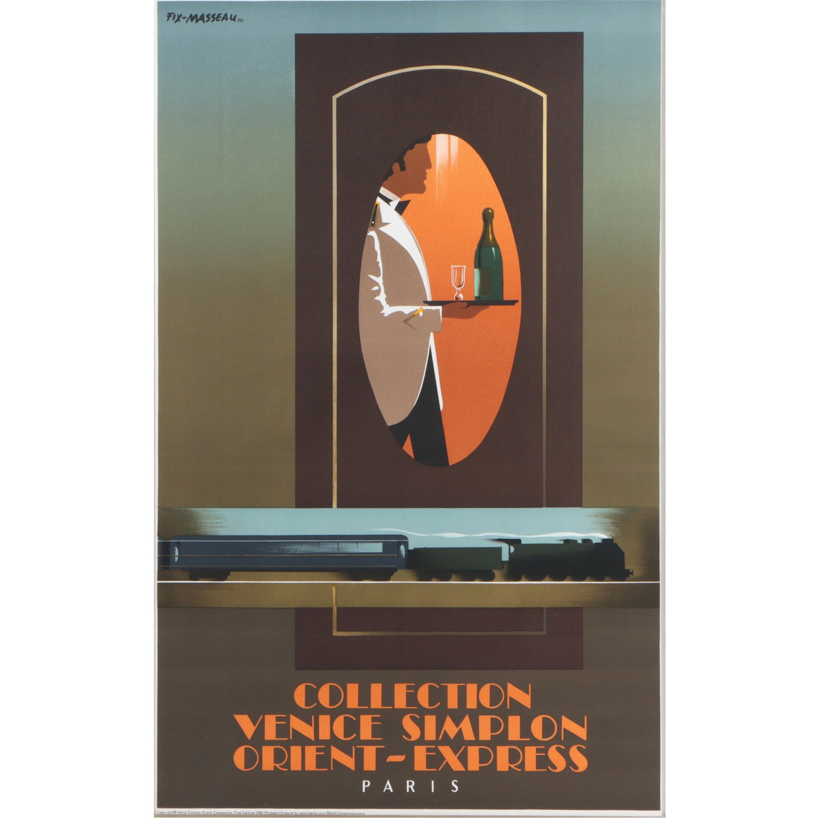 Pierre Fix-Masseau, French (1905-1994), Collection Venice Simplon Orient-Express Paris, color: Pierre Fix-Masseau French (1905-1994) Collection Venice Simplon Orient-Express Paris color lithograph train travel poster This is a vintage poster for the Venice Simplon Orient Express train, designed