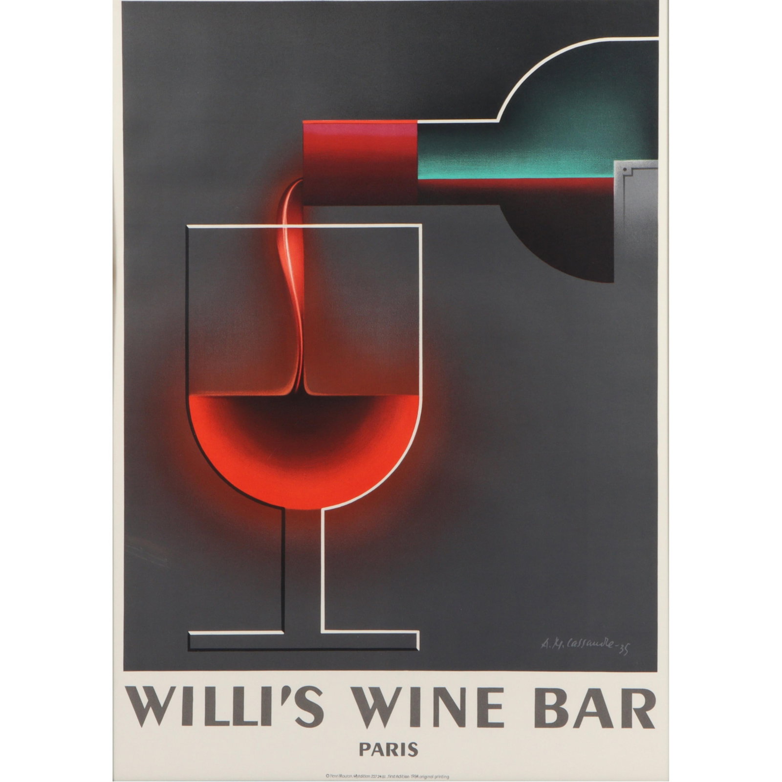 Willi's Wine Bar Paris Art Deco poster after A.M. Cassandre (Adolphe Jean-Marie Mouron) 38 3/4"H x (1 of 11)