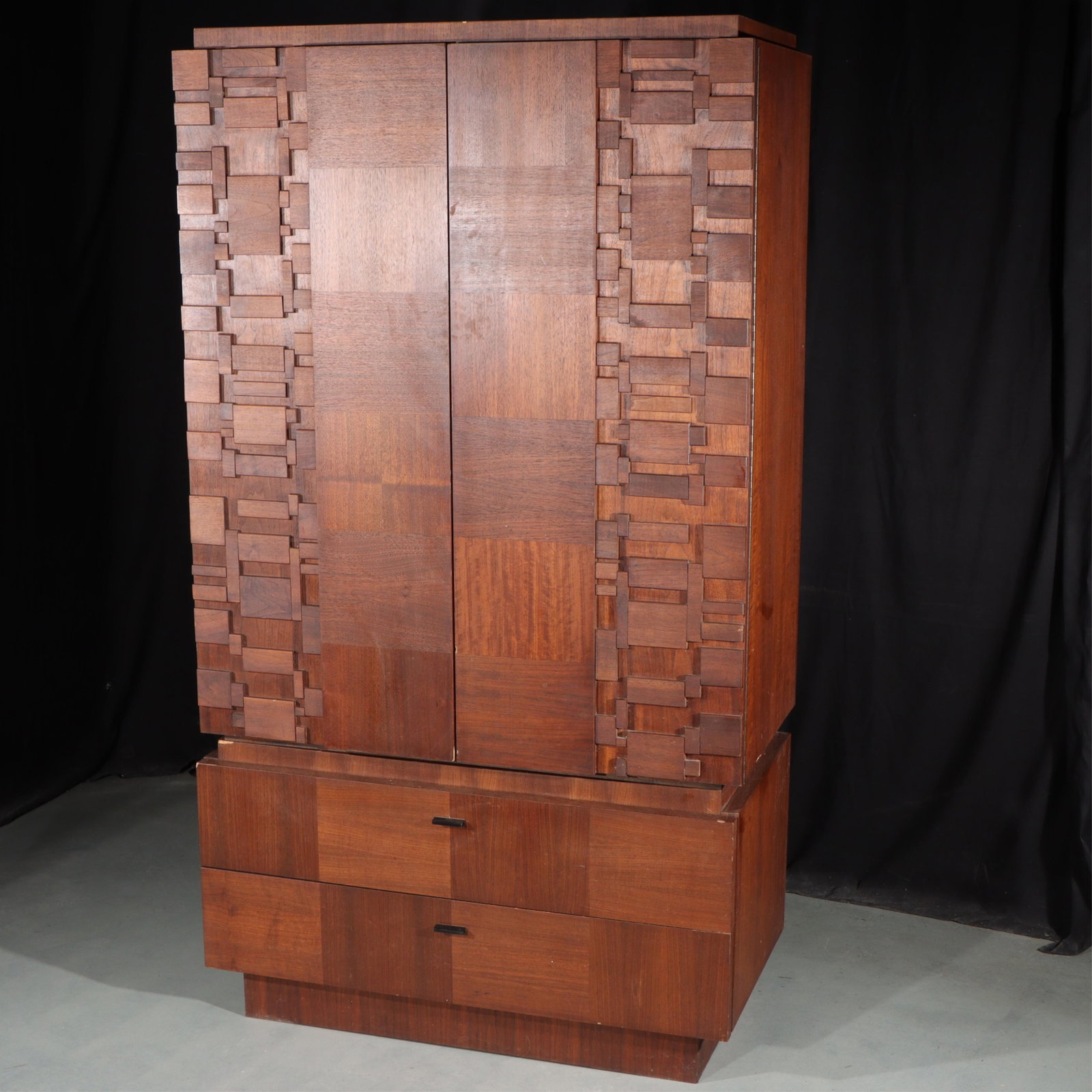 Lane Brutalist mid Century modern 2 piece walnut highboy wardrobe dresser; bedroom furniture. 72 (1 of 15)