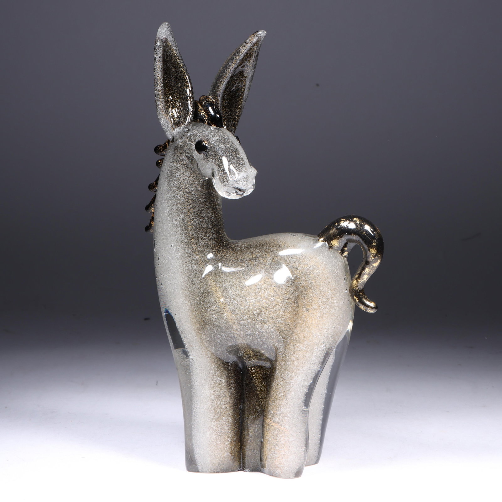 Seguso Vetri d'Arte, designed by Flavio Poli, bullicante donkey or mule sculpted Murano art glass: Seguso Vetri d'Arte, designed by Flavio Poli, bullicante donkey or mule sculpted Murano art glass figurine. 1940s I whimsical long eared modeled glass sculpture with a lot of character. Animalier. Hea