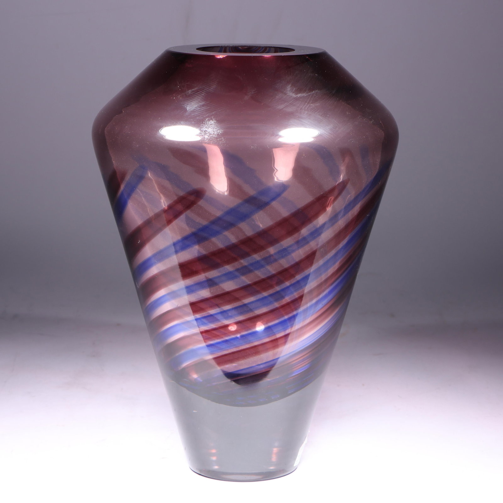 Salviati Murano amethyst and blue art glass vase design by Luciano Gaspari 13"H x 8 1/2"W: Salviati Murano amethyst and blue art glass vase design by Luciano Gaspari retains partial Pauly & C. label 13"H x 8 1/2"W