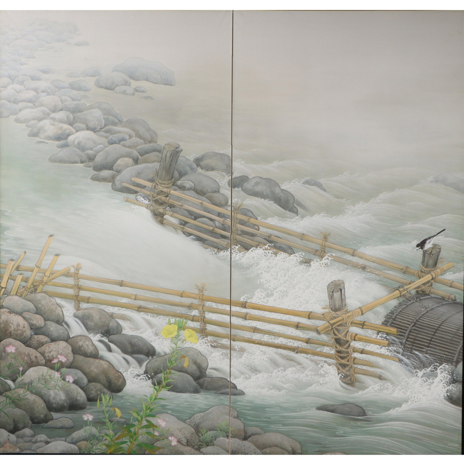 Japanese Byobu two panel screen watercolor landscape painting on silk, rushing water with bamboo (1 of 19)