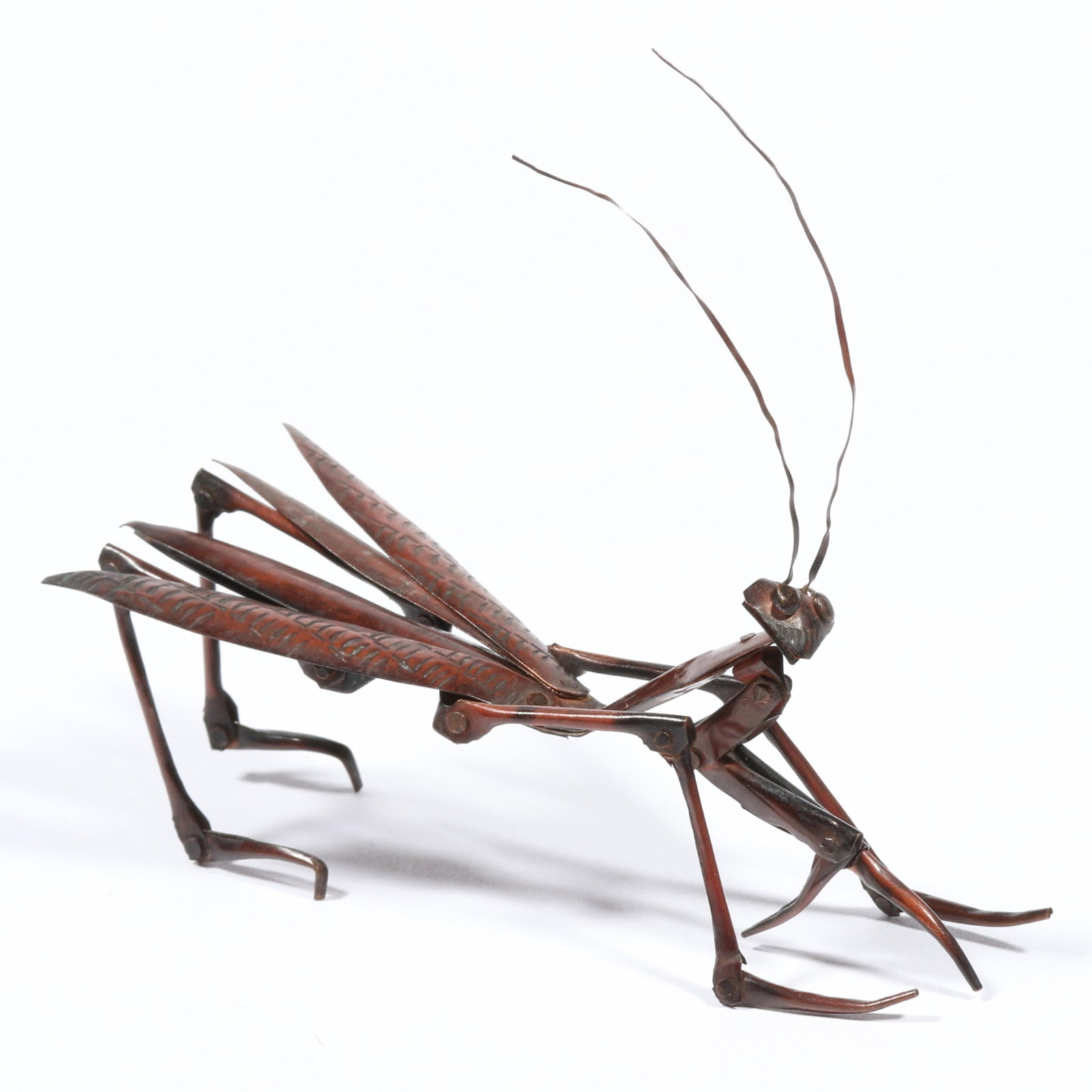 Antique Japanese Jizai Okimono copper articulated praying mantis (Kamakiri) insect / bug. 3 3/8"H x (1 of 9)