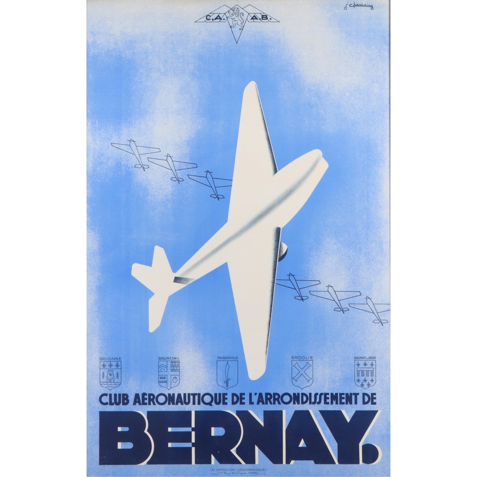 Club Aeronautique de l'arrondissement de Bernay, French Art Deco aviation club lithograph travel: Club Aeronautique de l'arrondissement de Bernay, French Art Deco aviation club lithograph travel poster, Jean Chassaing (1905?1938) 47"H x 30"W(sight), 51"H x 34"W(frame)