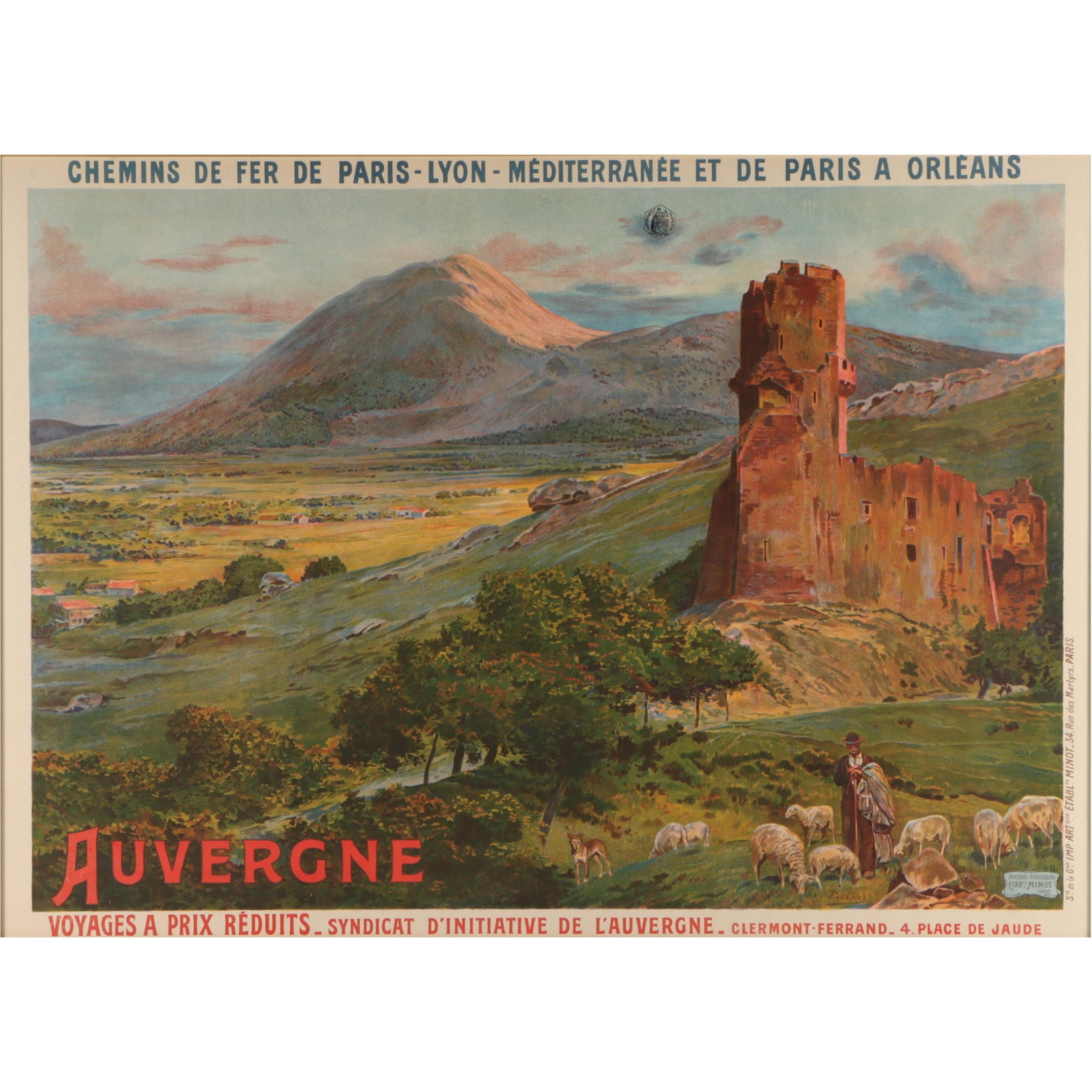 Auvergne French railway travel poster by Theophile Poilpot (1848-1915). 29 1/4"H x 41 1/4"W (sight): Auvergne French railway travel poster by Theophile Poilpot (1848-1915). Vintage travel poster for the Auvergne region in France, commissioned by the Chemins de Fer de Paris-Lyon-M?diterran?e (PLM) rai