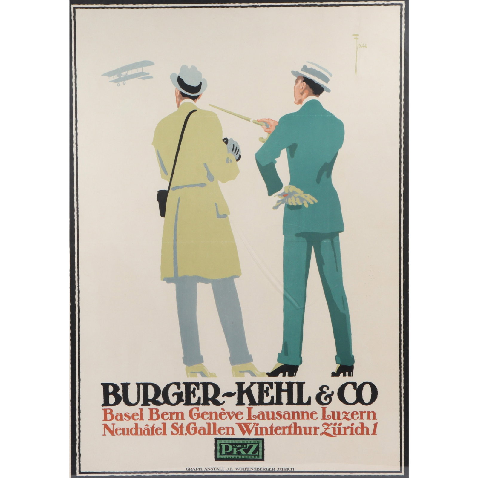 Burger-Kehl & Co (PKZ) Swiss men's clothier poster by Leonhard F. W. Fries (1881-1965) 50" x 35: Burger-Kehl & Co (PKZ) Swiss men's clothier poster by Leonhard F. W. Fries (1881-1965) scratch on plexiglass as seen in pictures 50" x 35 1/2"W (sight) 51 1/2"H x 37"W (frame)