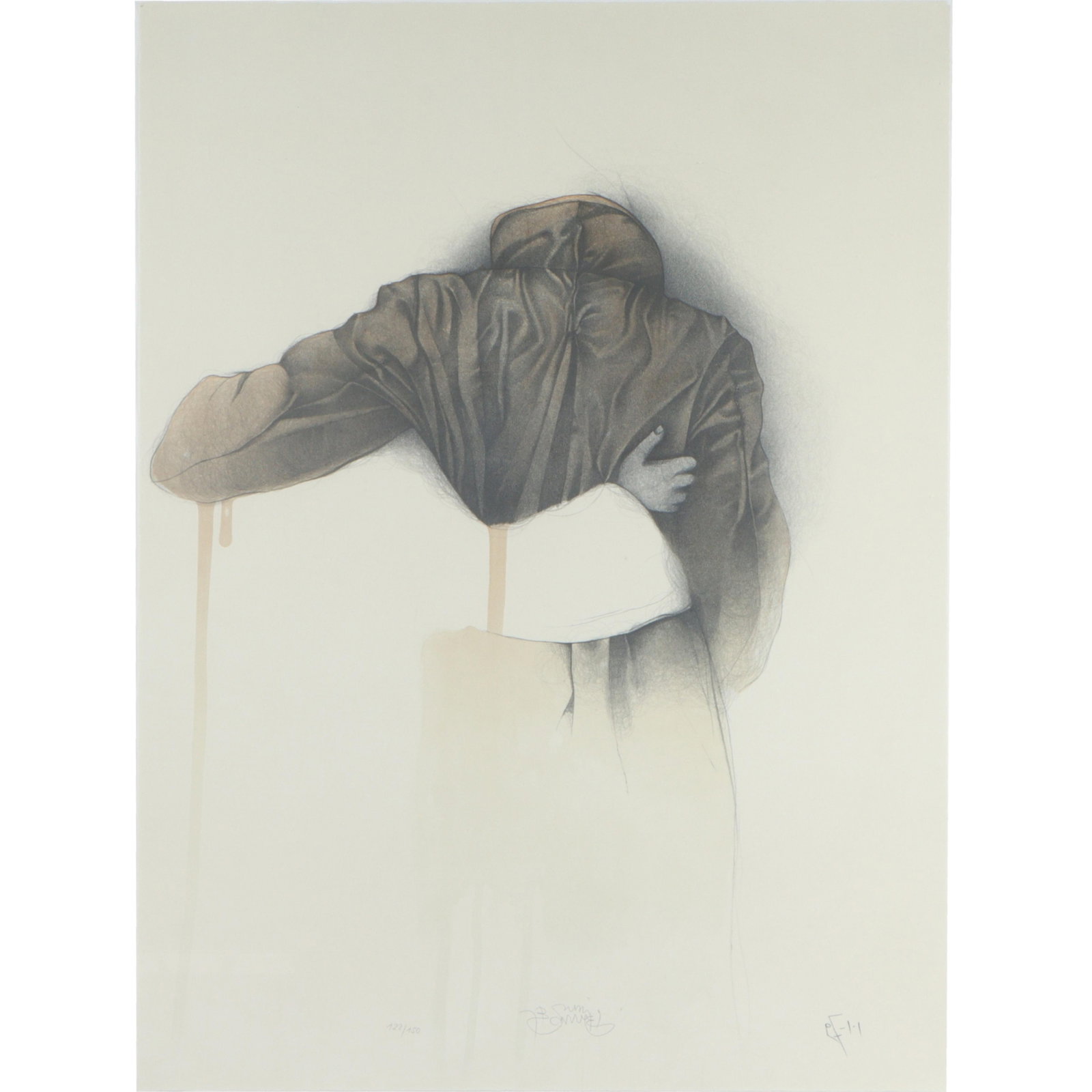 Bruno Bruni, Italian / German (b.1935), The Hug, 1997, lithograph, 30 1/2"H x 22 1/2"W(paper), 38"H: Bruno Bruni Italian / German (b.1935) The Hug, 1997 lithograph Pencil signed, dated, and numbered, 122/150. 30 1/2"H x 22 1/2"W(paper), 38"H x 30 1/4"W(frame)