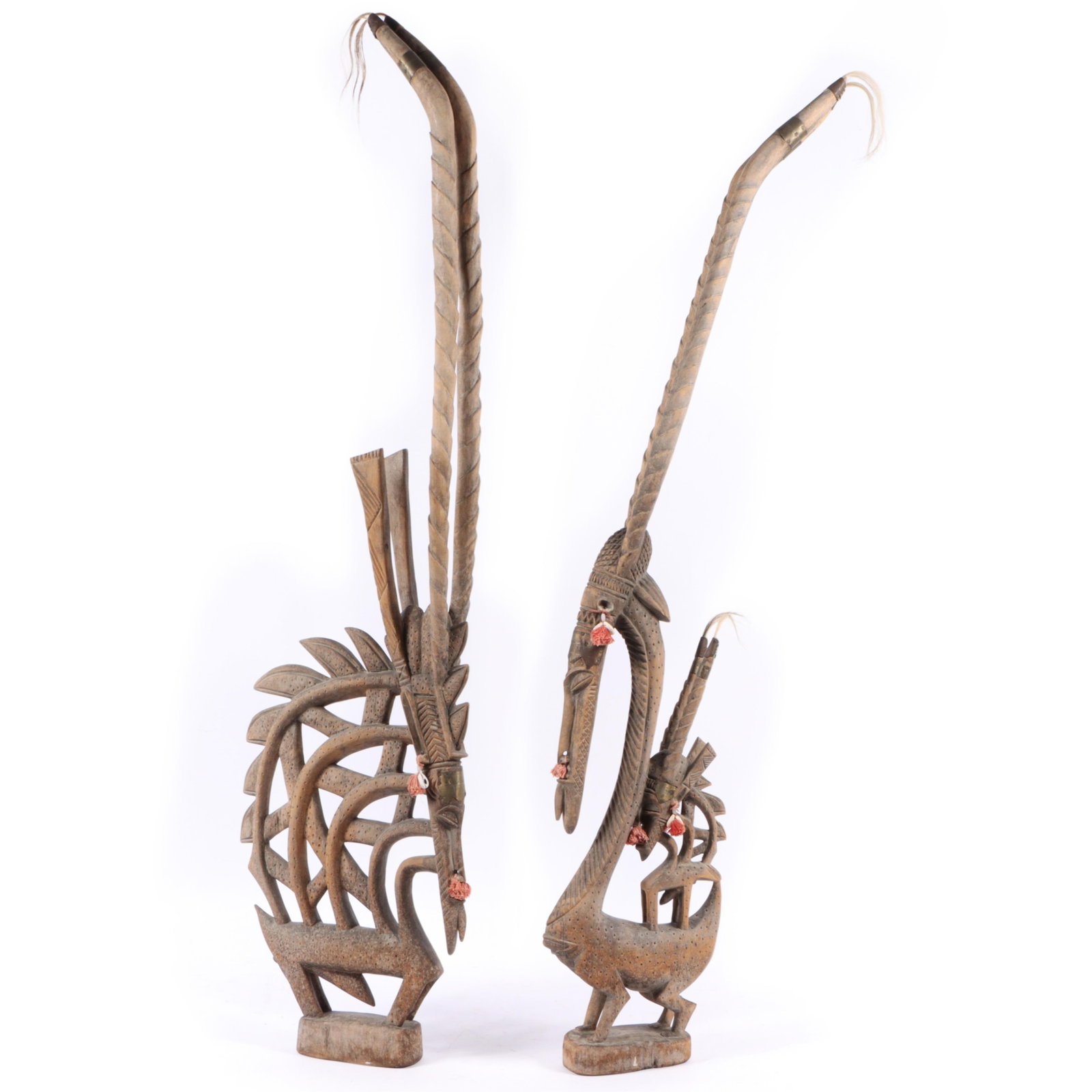 Pair African Bamana culture, Mali, Chi Wara antelope form dance crests, 50"H x 13"W (taller (1 of 12)