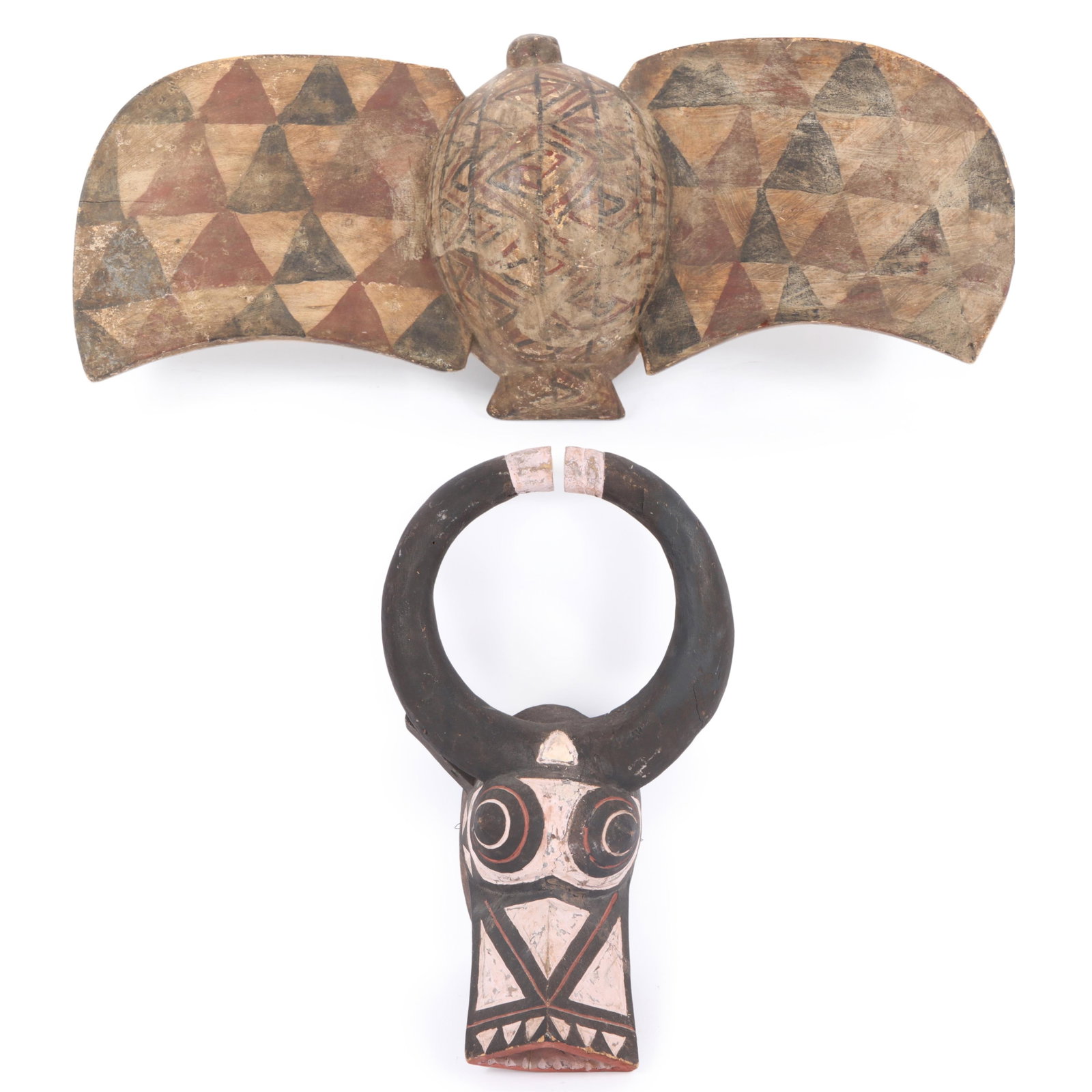 Two African Burkina Faso Bwa Bobo polychrome carved masks: bat mask, buffalo mask 4 1/2'H x 27"W (1 of 18)