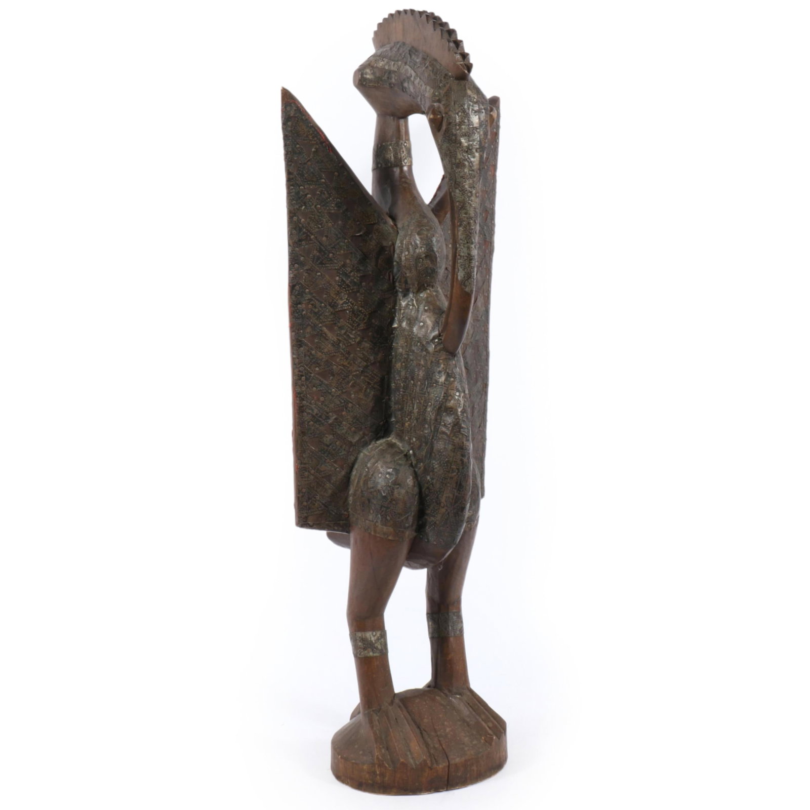 African Senufo 34inch carved wood hornbill bird tribal statue figure with applied brass decoration, (1 of 17)