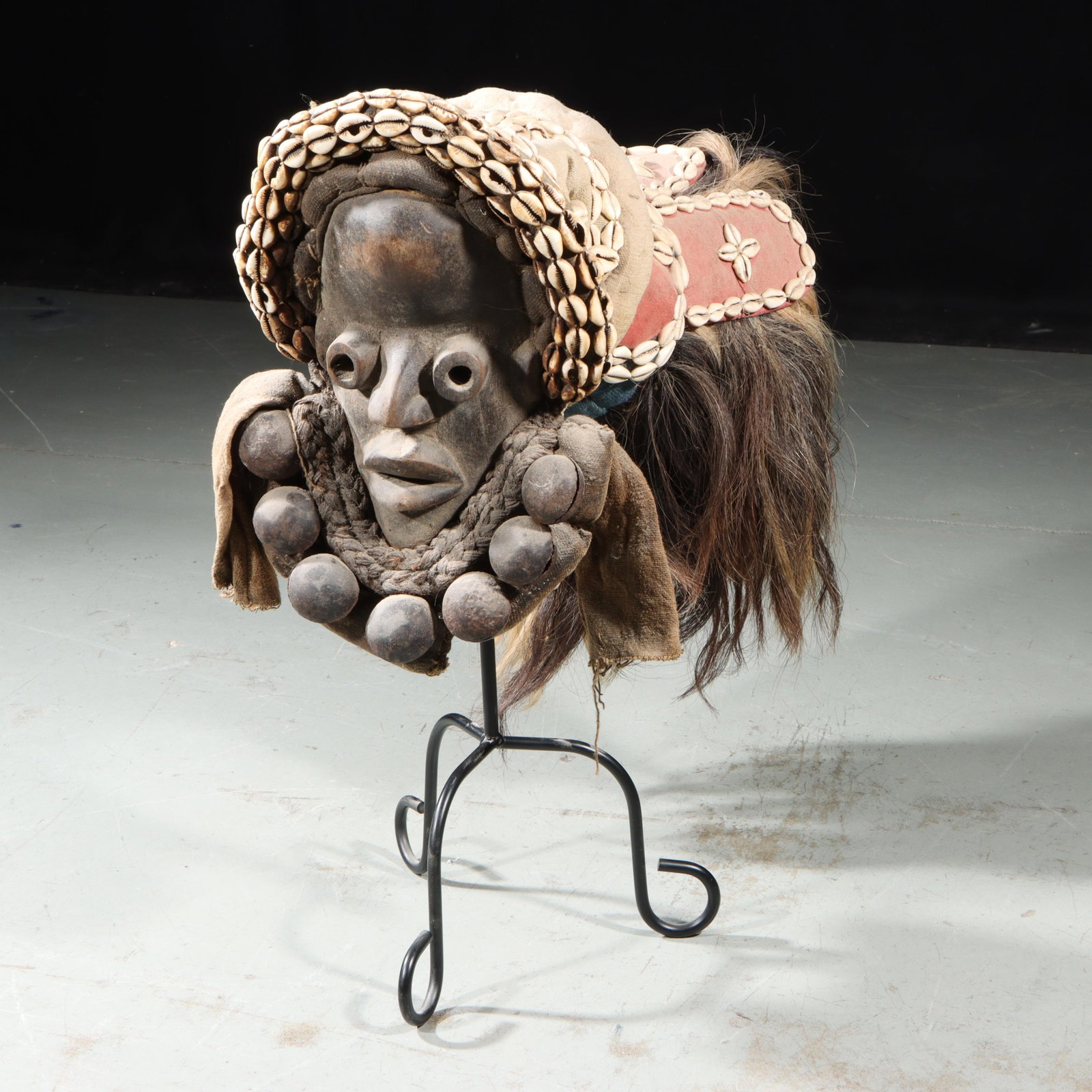African carved wood tribal Dan mask with cowrie shells, raffia beard, and animal hair headdress. 14 (1 of 10)