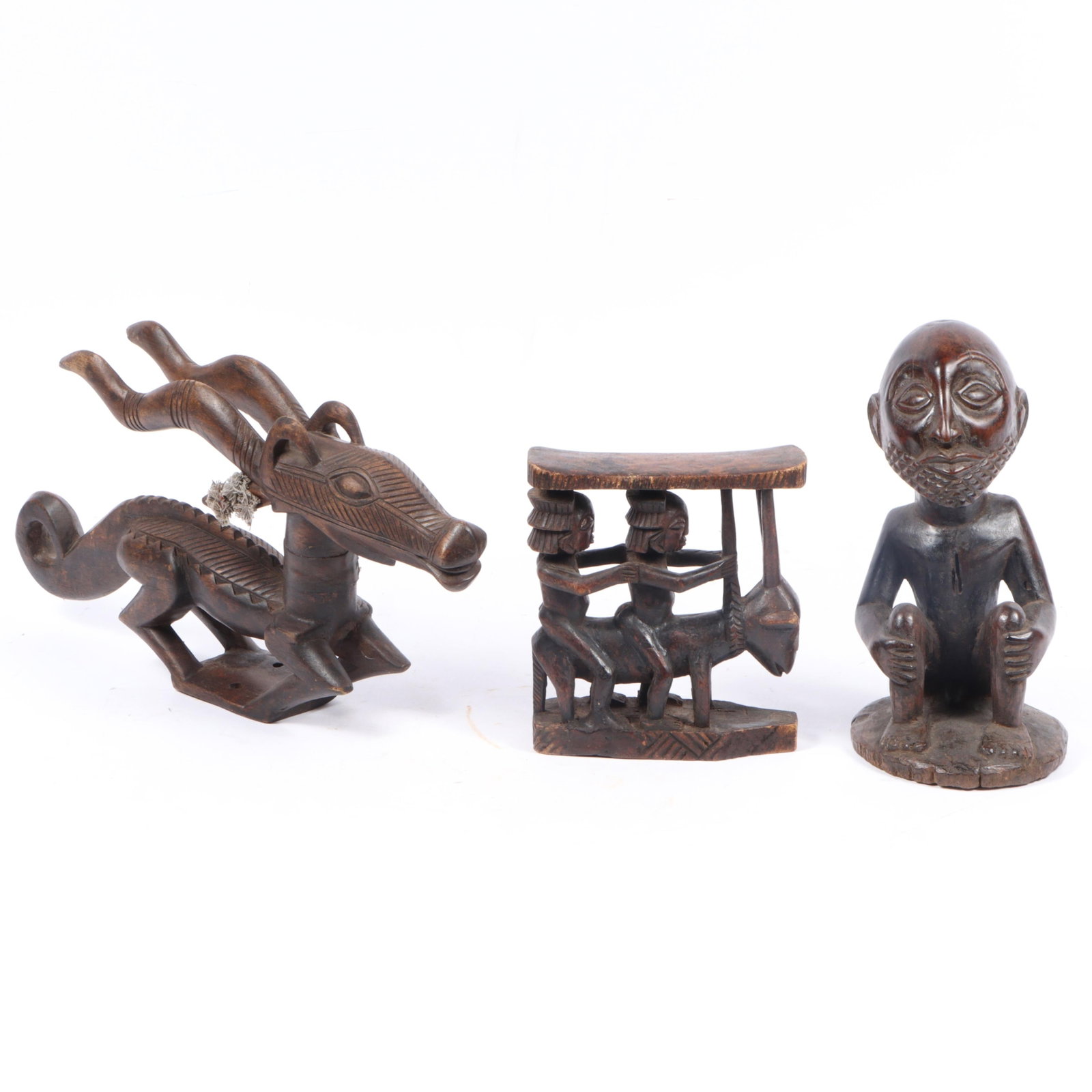 African carved wood tribal art, 3pc: Bamana Chi Wara antelope figure, Luba headrest, Democratic (1 of 9)