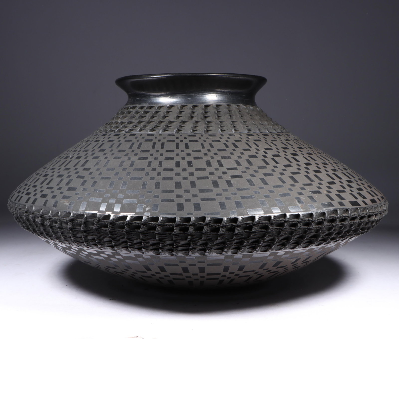 Lucie Zete Mata Ortiz 13"dia. blackware pottery vessel with etched geometric decoration. 6 3/4"H x (1 of 10)