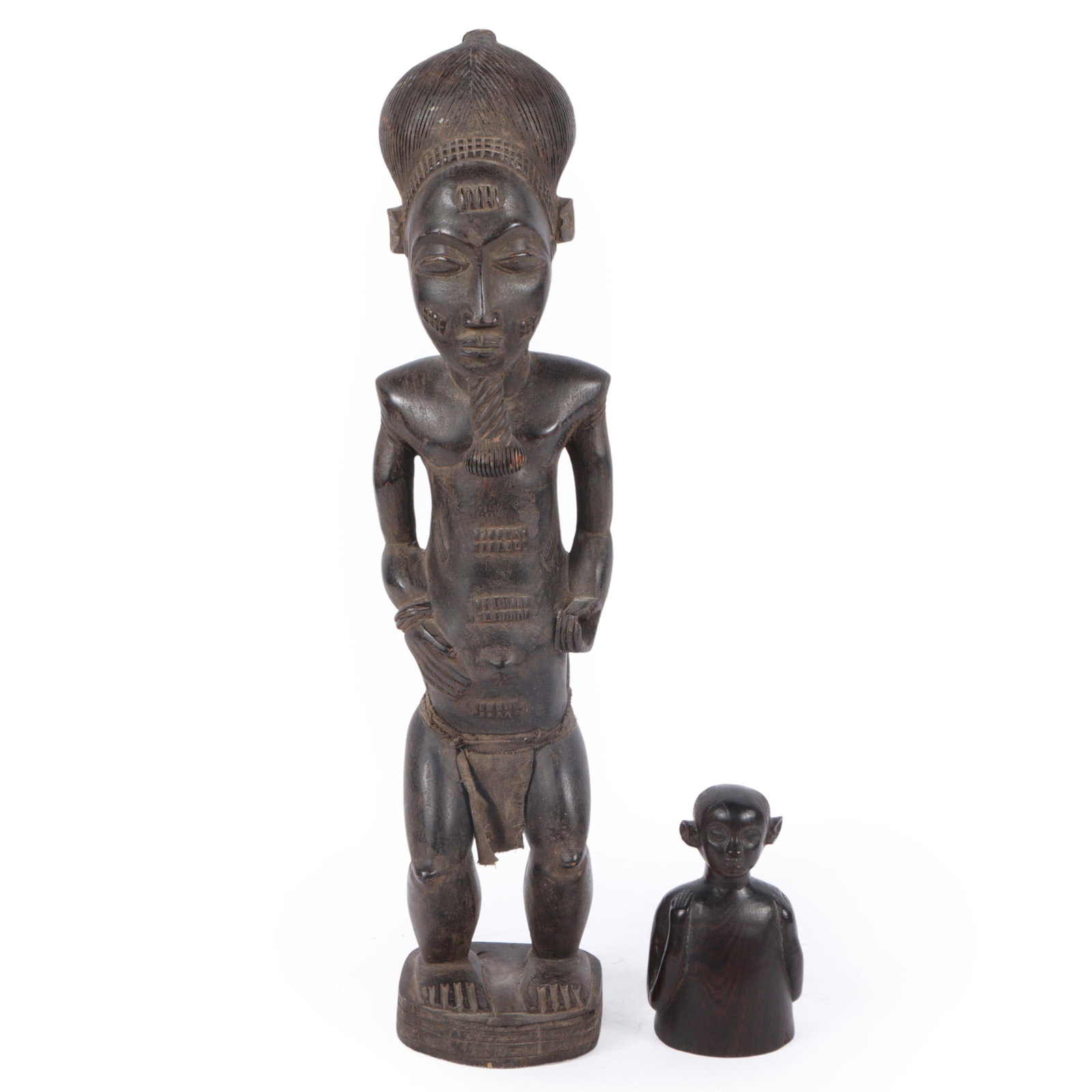 Two African tribal carved wood ancestor figures, small figure of Macassar ebony. 25 3/4"H x 6 1/4"W (1 of 13)