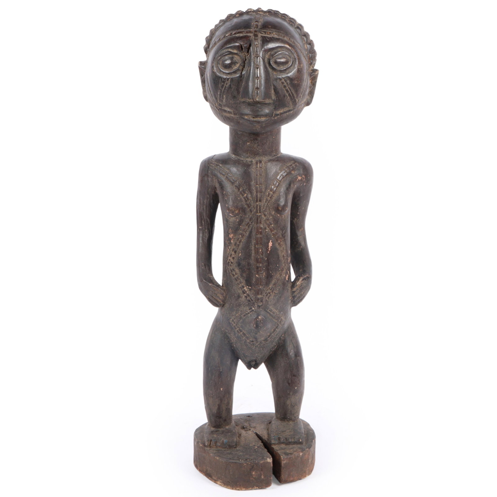 African Tabwa carved wood standing tribal female figure, DR Congo. 27"H x 7"W (1 of 11)
