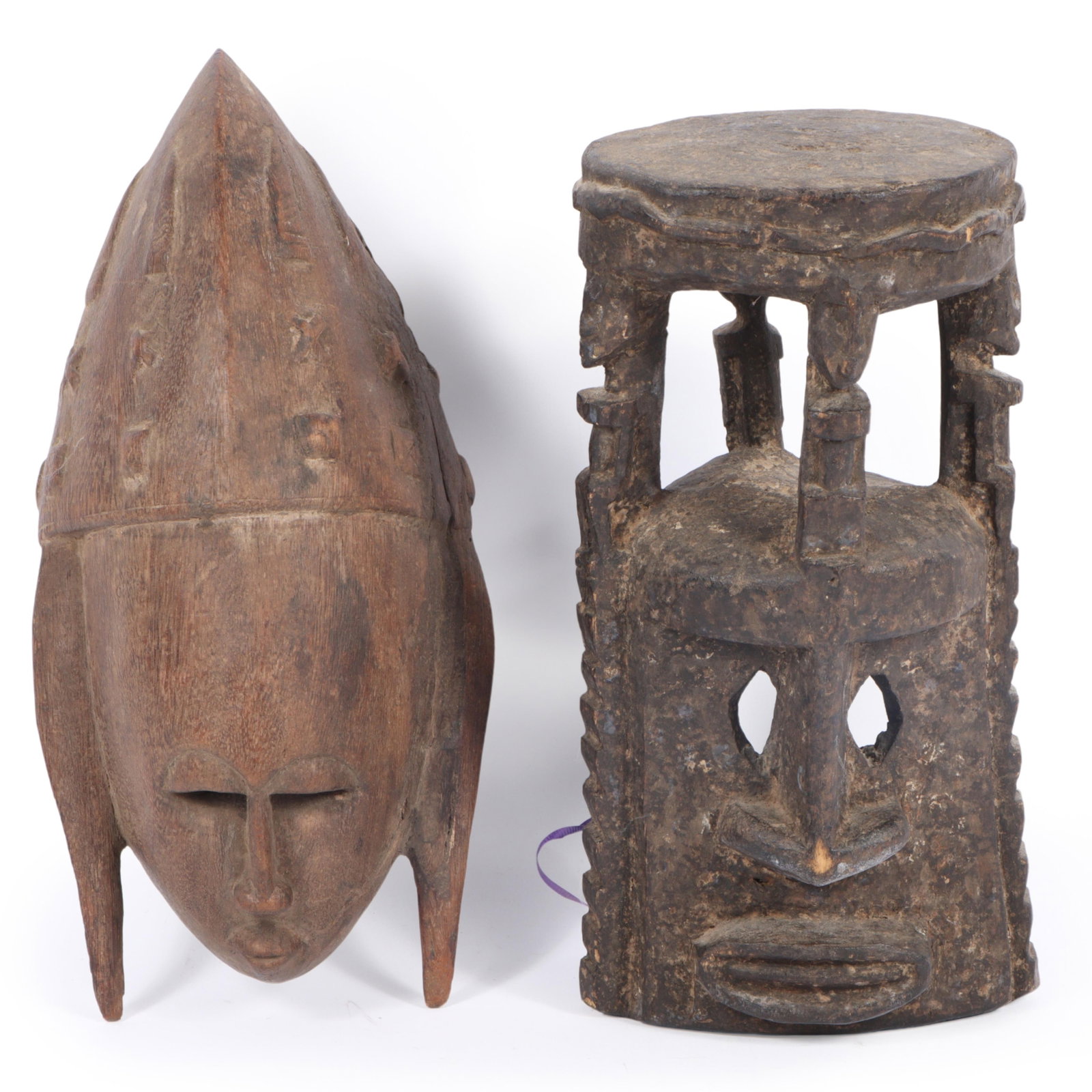Two West African, Mali carved wood Bambara and Dogon masks 13"H x 6 1/4"W (taller measured) (1 of 11)