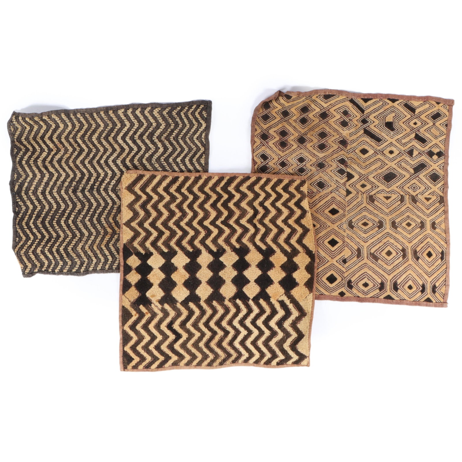 Three African Kuba cloth raffia textile panels, 20 3/4"H x 21 1/2"W (largest textile measured) (1 of 10)