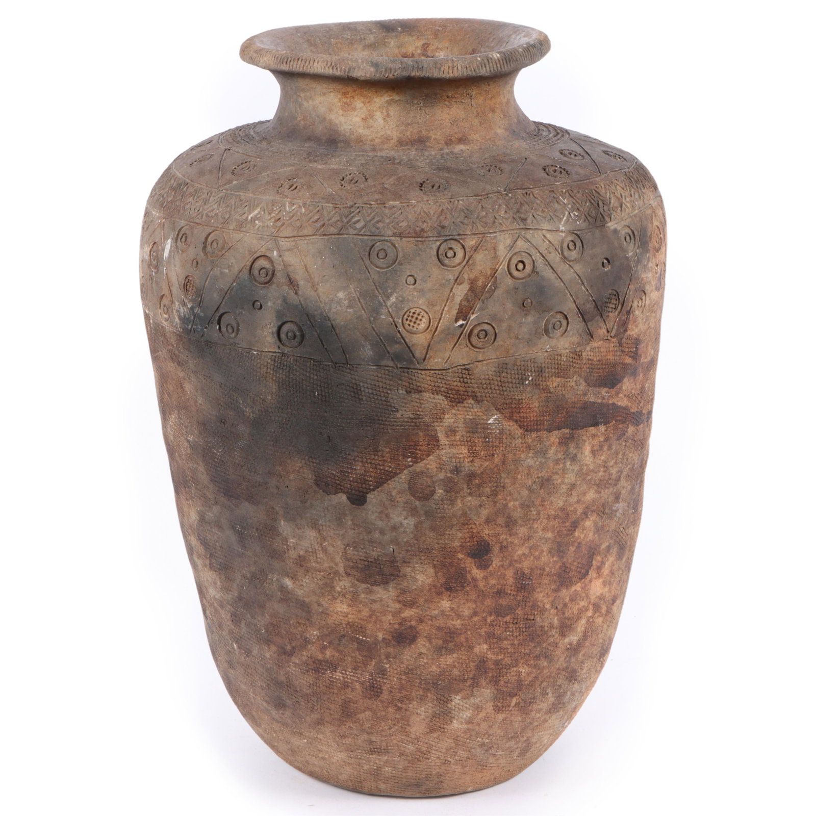 Ethnographic African/Nupe? native tribal clay pottery jar with incised geometric pattern design (1 of 12)