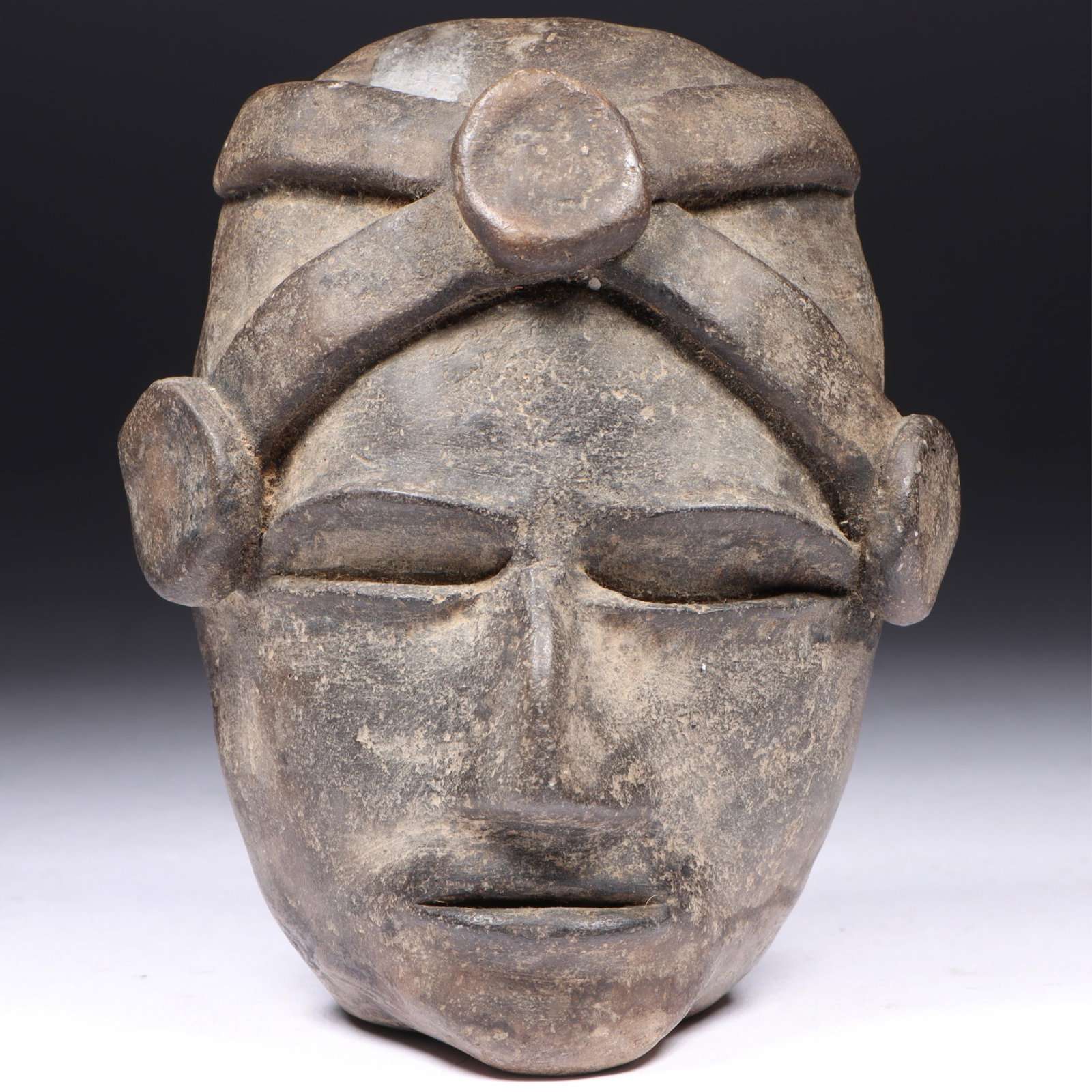 Pre Columbian? style terracotta clay pottery face / head sculpture with traditional headwear and (1 of 8)