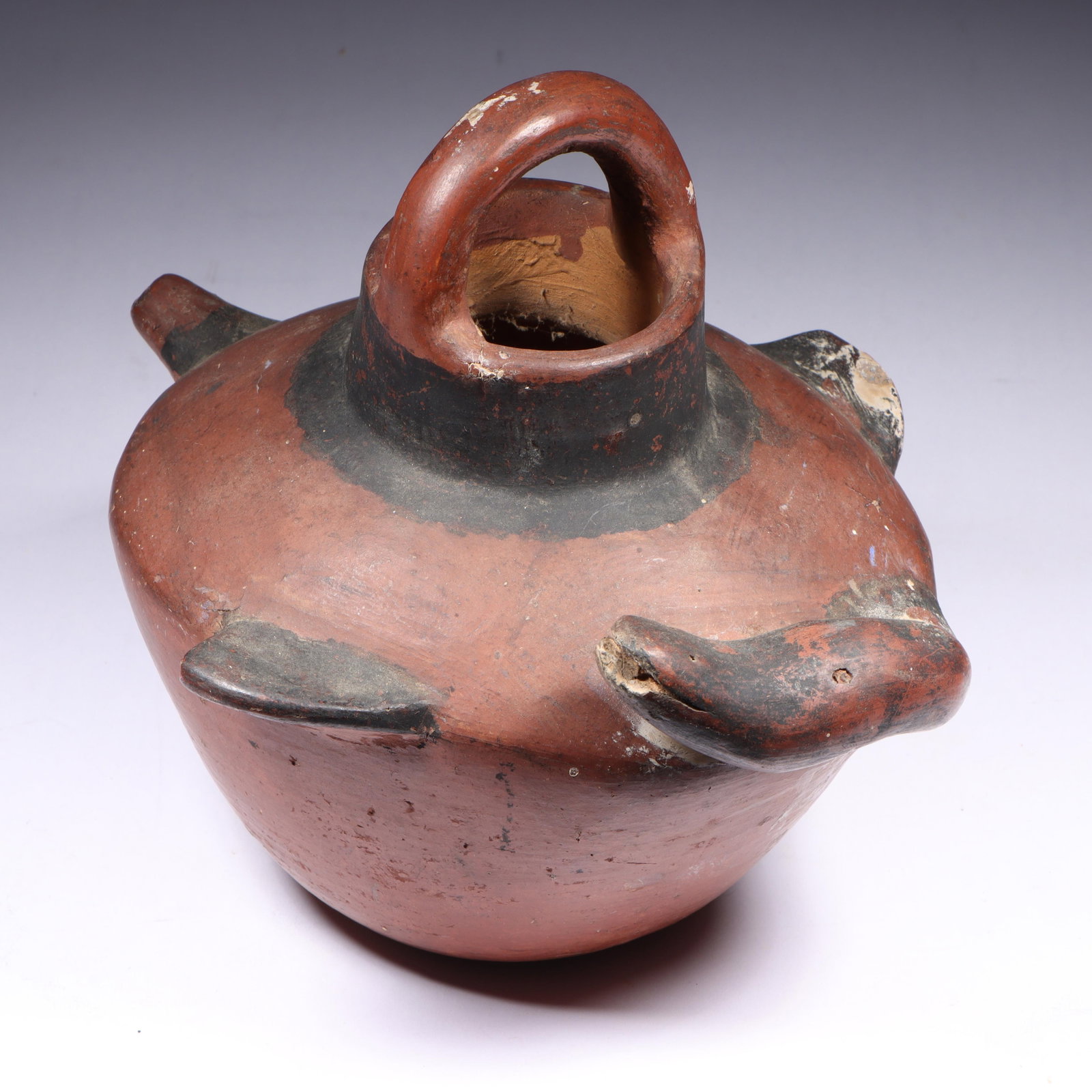 Pre-Columbian Duck Effigy polychrome clay pottery pouring vessel / pot with stirrup handle. 8"H x 9 (1 of 13)