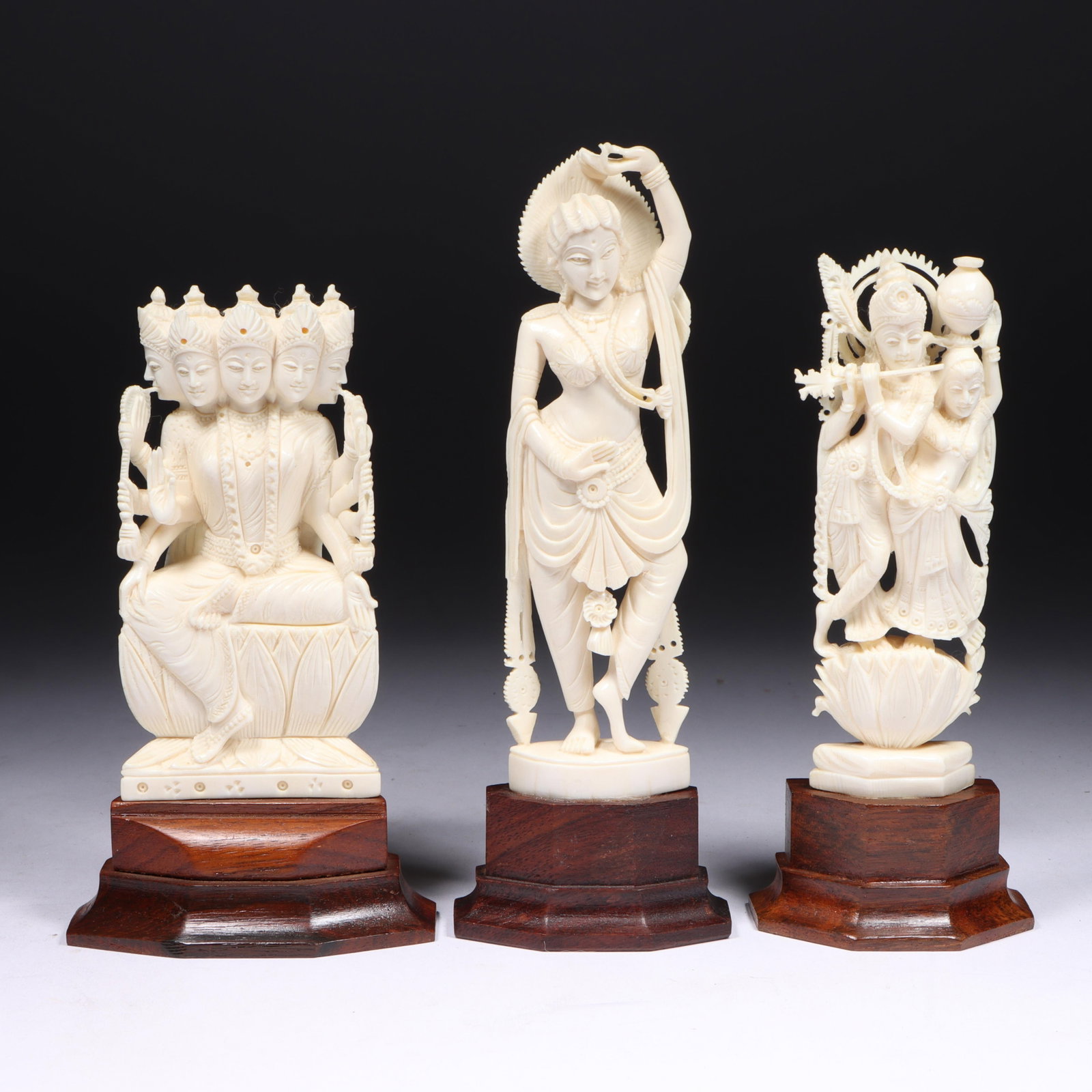 Three Antique Indian Hindu deity carved bone statuette sculptures mounted on wooden bases 6 1/4"H x (1 of 15)