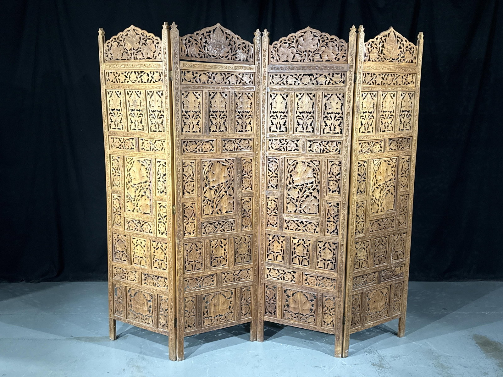 Indian four panel carved teak wood folding screen room divider 72? H x 20? W (each panel, 4 panels) (1 of 8)