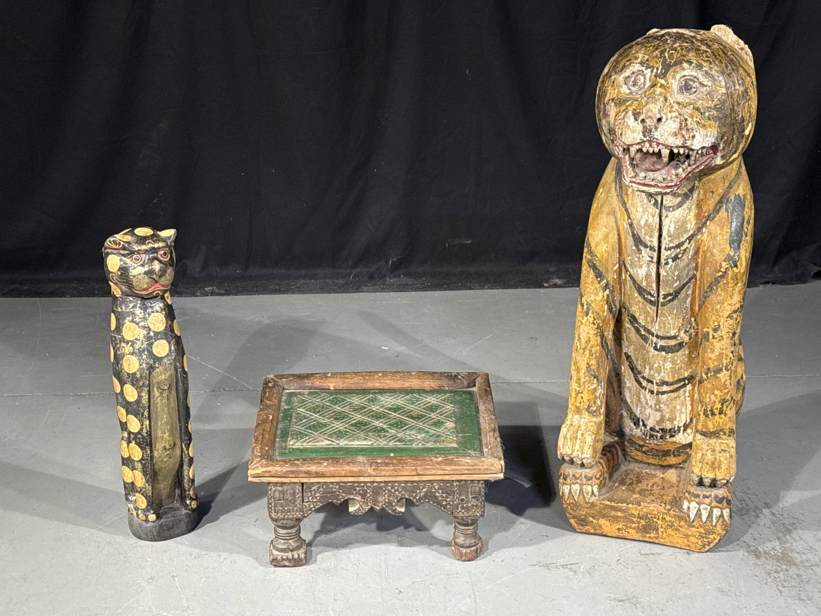 Indian / Southeast Asian / Indonesian / Balinese hand painted primitive wooden folk art, 3pc: cat (1 of 12)