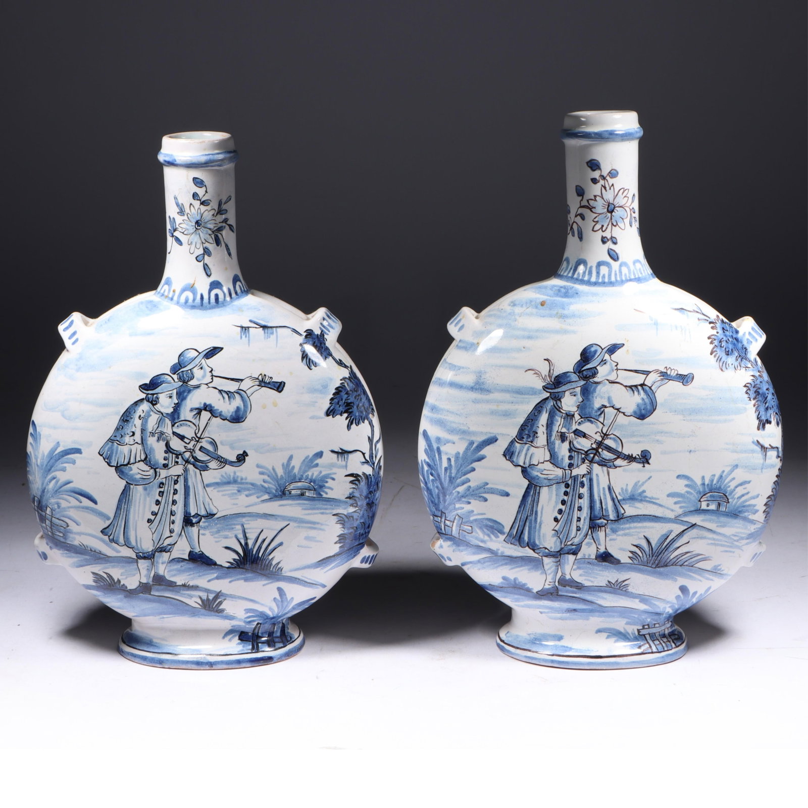 Pair Delft blue and white glazed faience earthenware flattened gourd moon flasks, 19th Century. 10 (1 of 11)