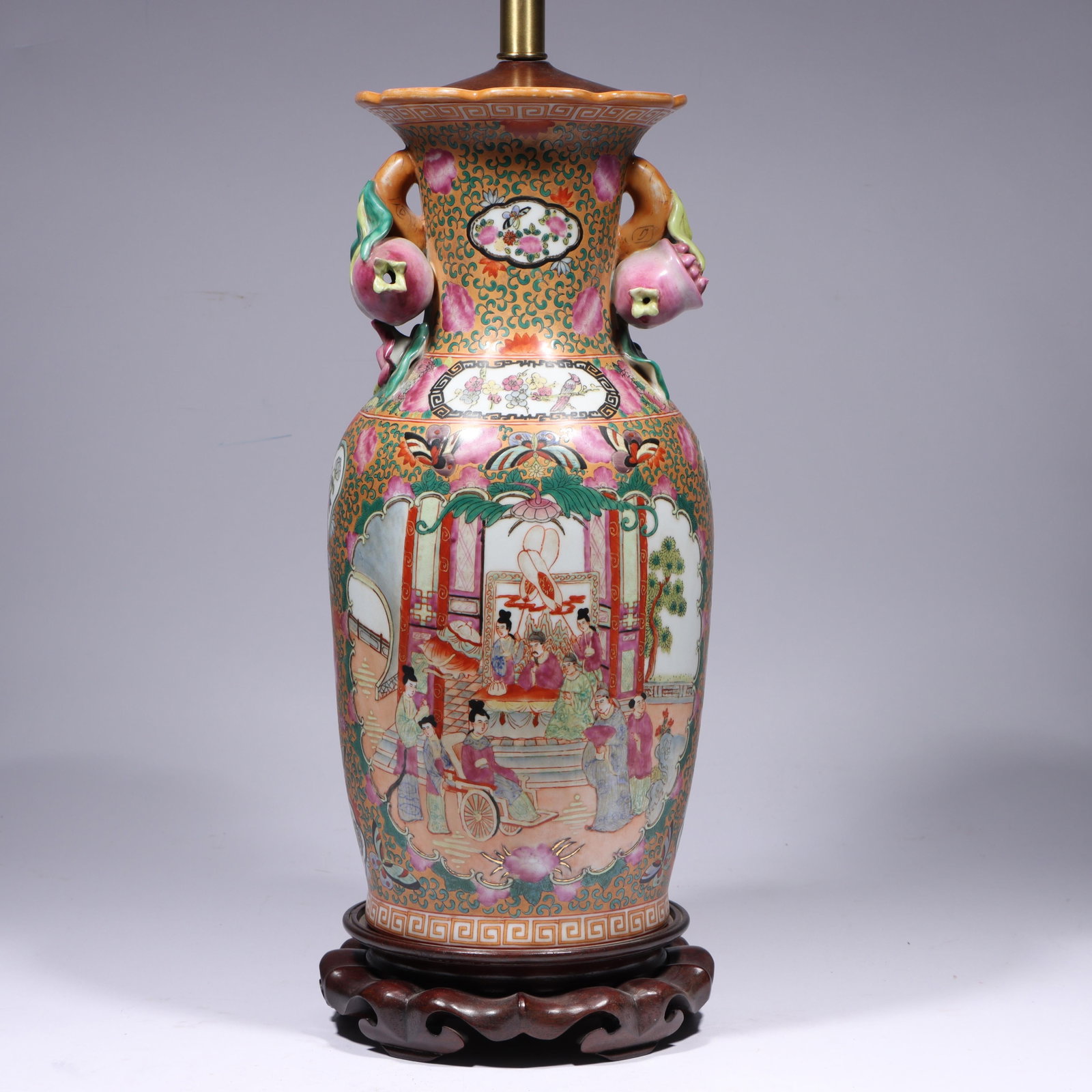 Chinese Famille Rose porcelain mounted vase lamp with scenic panels and pomegranate form handles 18 (1 of 17)