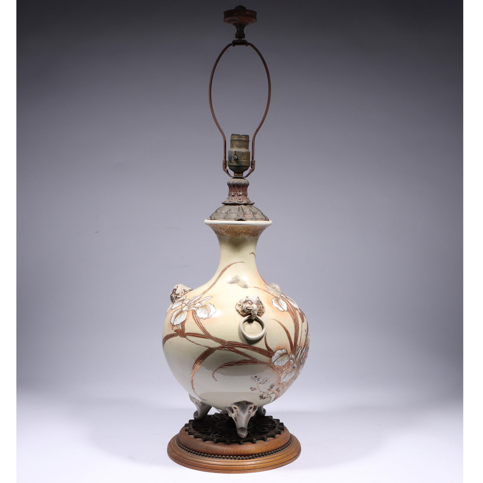 Japanese Satsuma Nippon porcelain mounted vase lamp with floral motif and elephant ring handles 22"H (1 of 16)