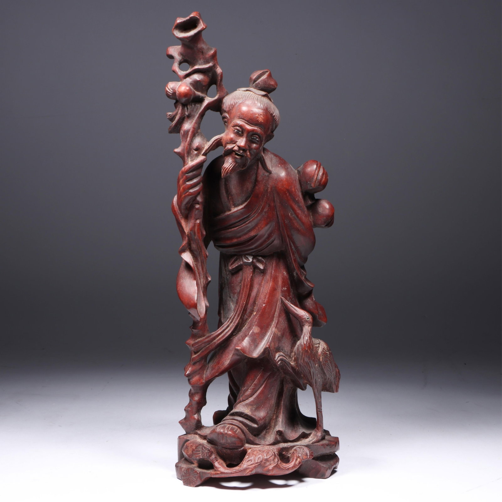 Antique Chinese carved root statue of Shou Lao figure with crane, glass eyes. 12?H (tallest (1 of 9)