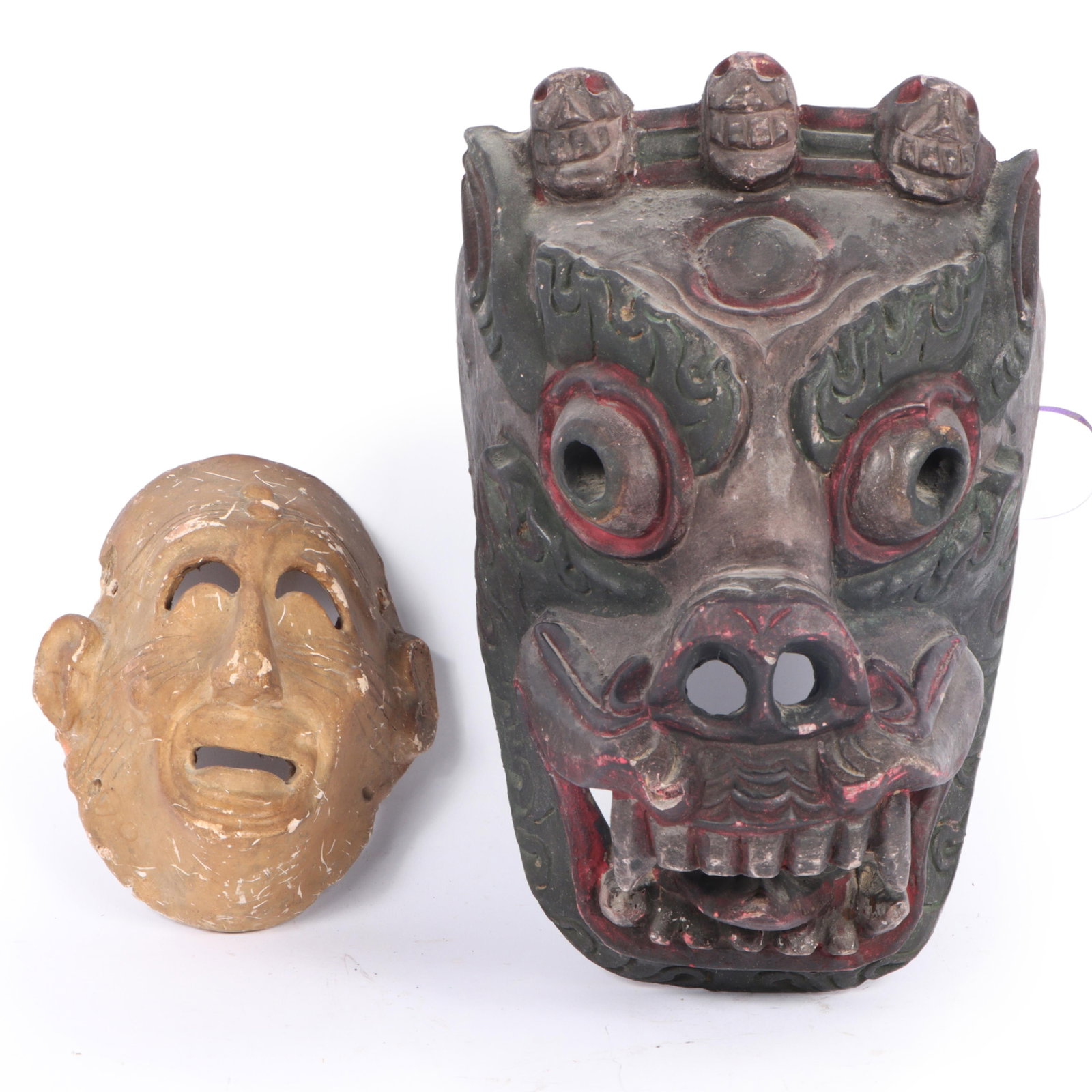 Phoenician style clay theatrical grinning grimacing tomb mask and Nepalese polychrome carved wood (1 of 12)