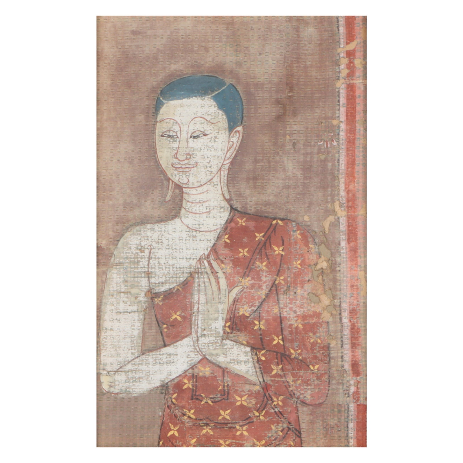 Thai Buddhist temple banner figural painting on cloth 17 1/2"H x 11"W (Sight), 23"H x 17"W (Frame) (1 of 10)
