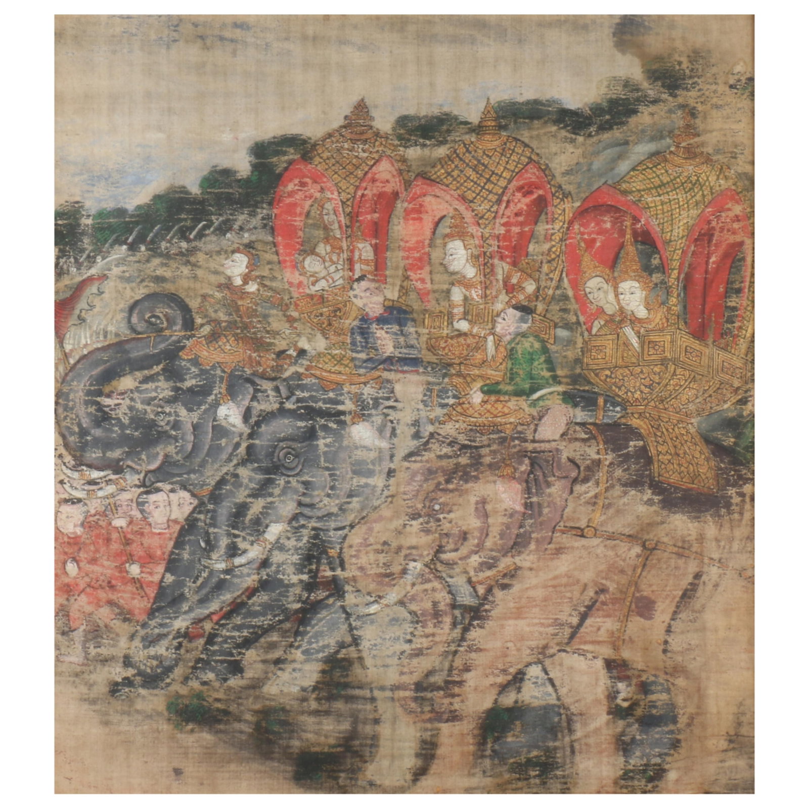 Thai Buddhist narrative painting on cloth depicting a scene from the Vessantara Jataka, representing: Thai Buddhist narrative painting on cloth depicting a scene from the Vessantara Jataka, representing "Prince Vessantara gives away the elephant". Thai School, originating from Central Thailand, specif