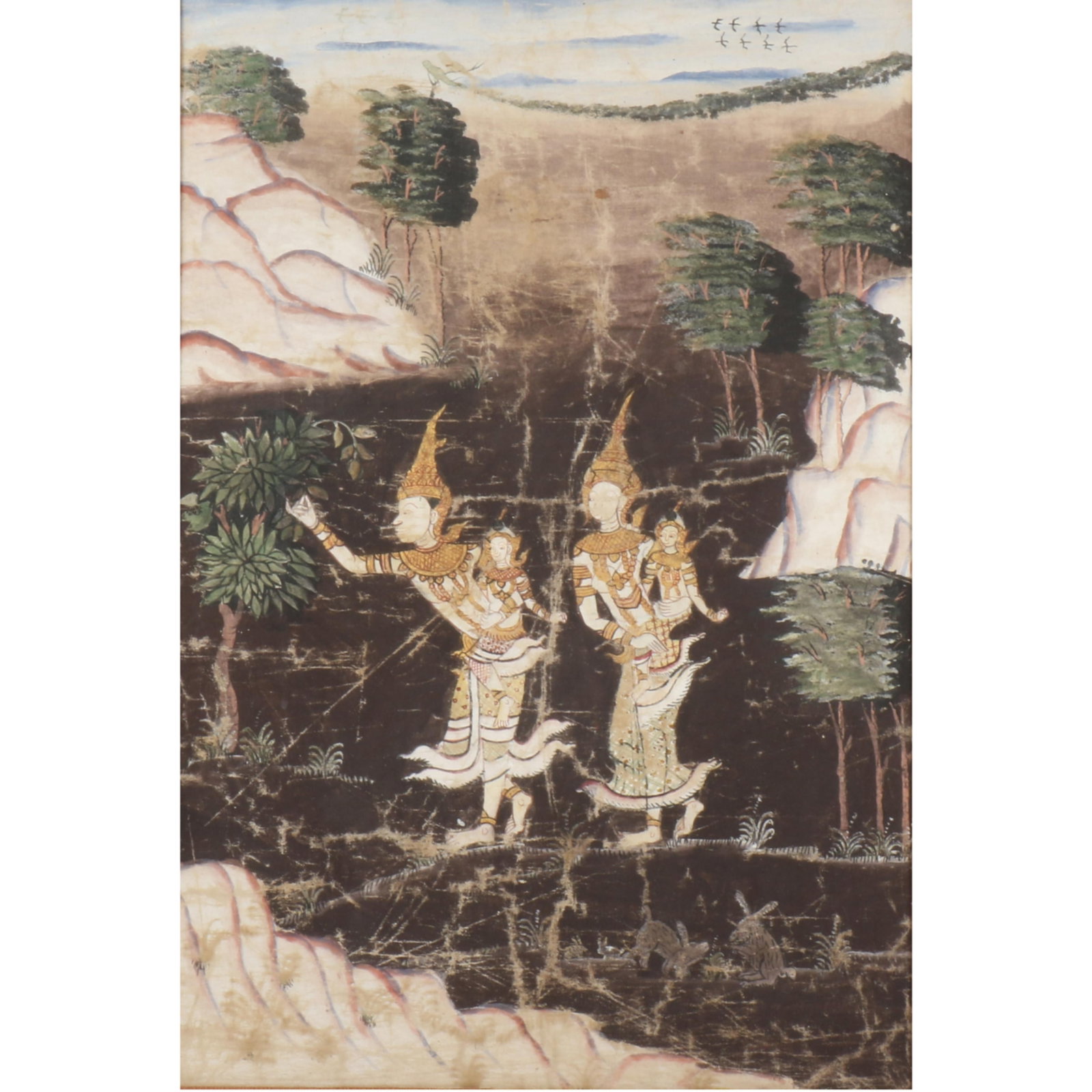 Thai Buddhist narrative painting on cloth depicting a scene from Vessantara Jataka, representing (1 of 10)
