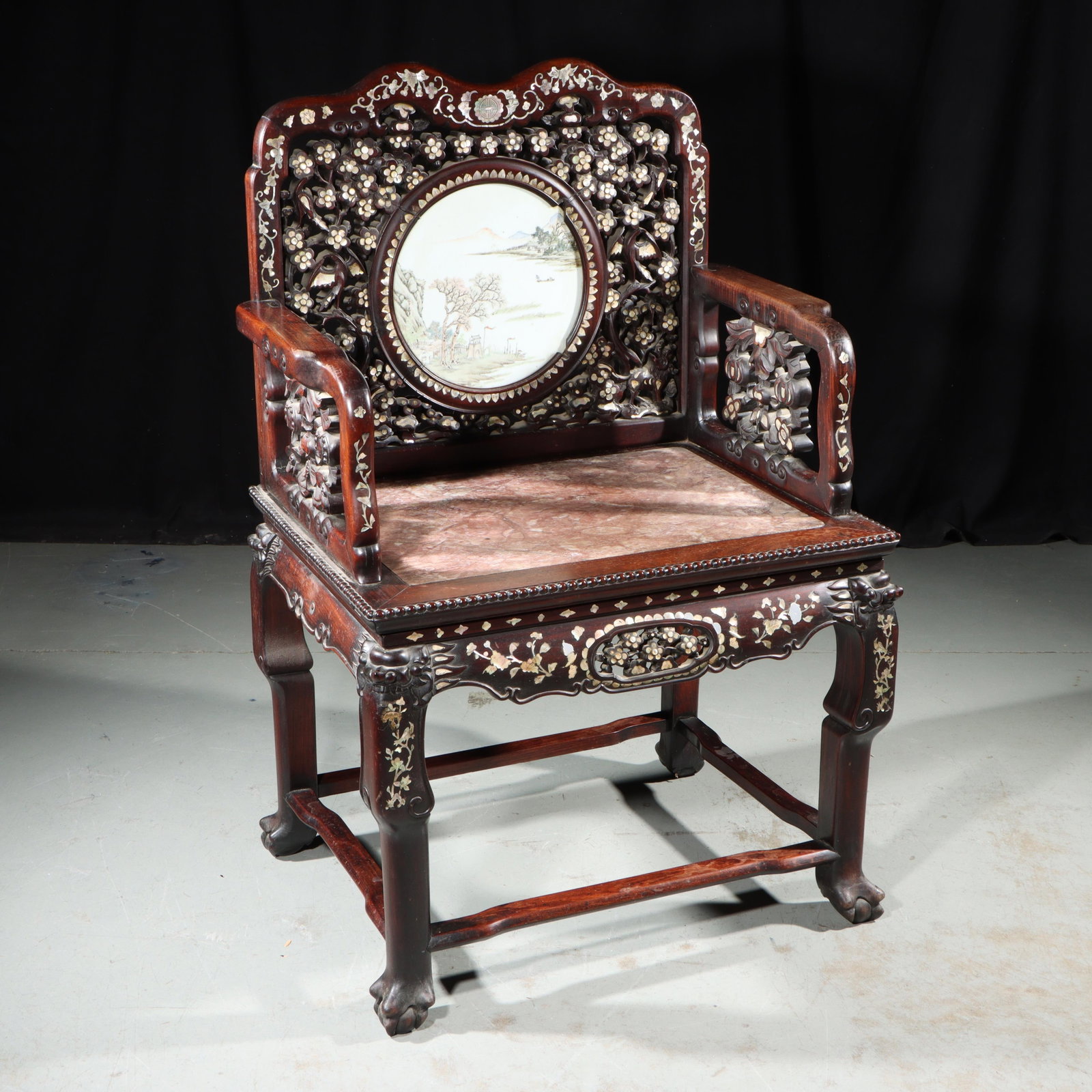 Chinese carved and reticulated rosewood throne armchair with inlaid mother of pearl, marble seat, (1 of 19)