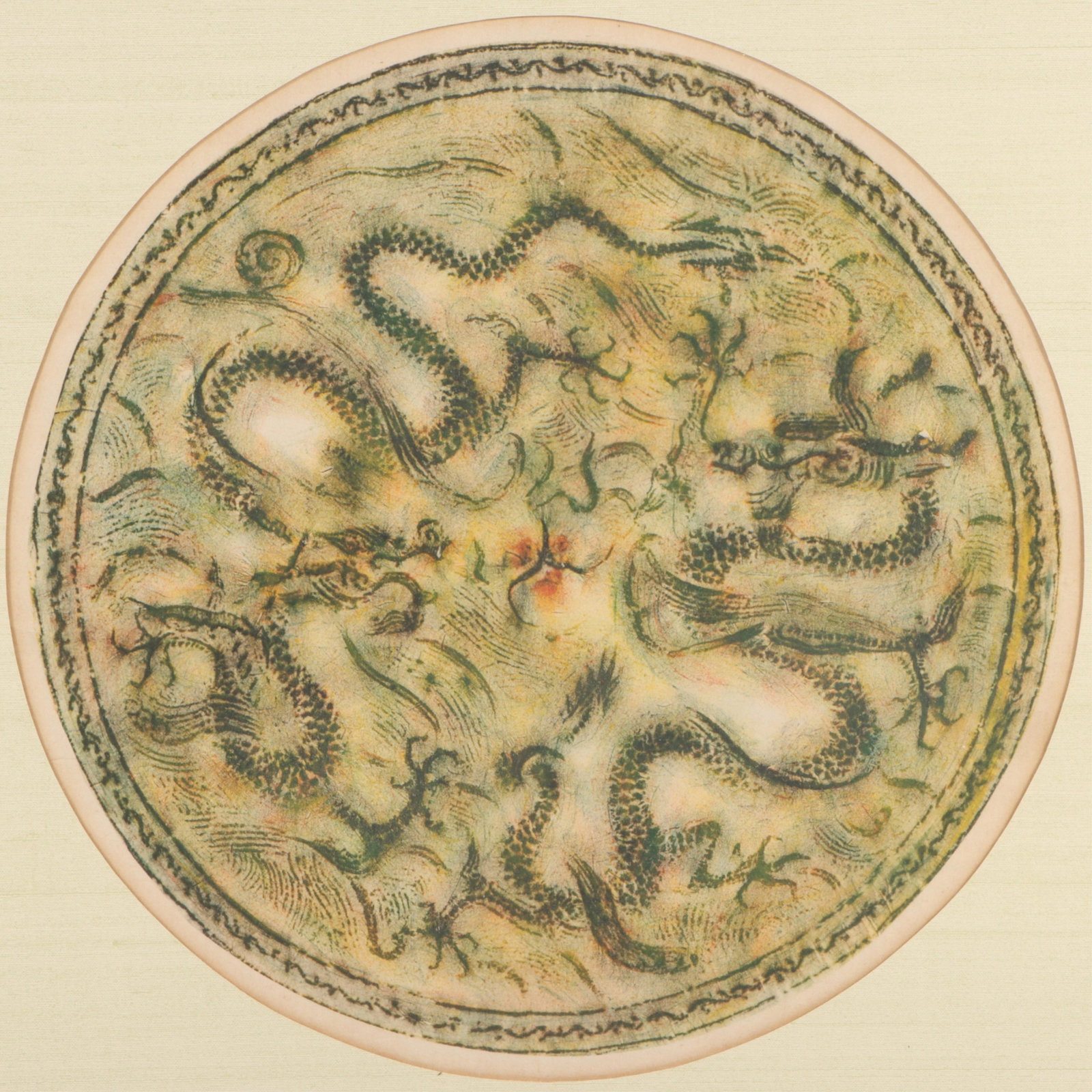 Chinese Dragons color stone rubbing on rice paper, from a Neolithic bronze age medallion., 12 (1 of 9)