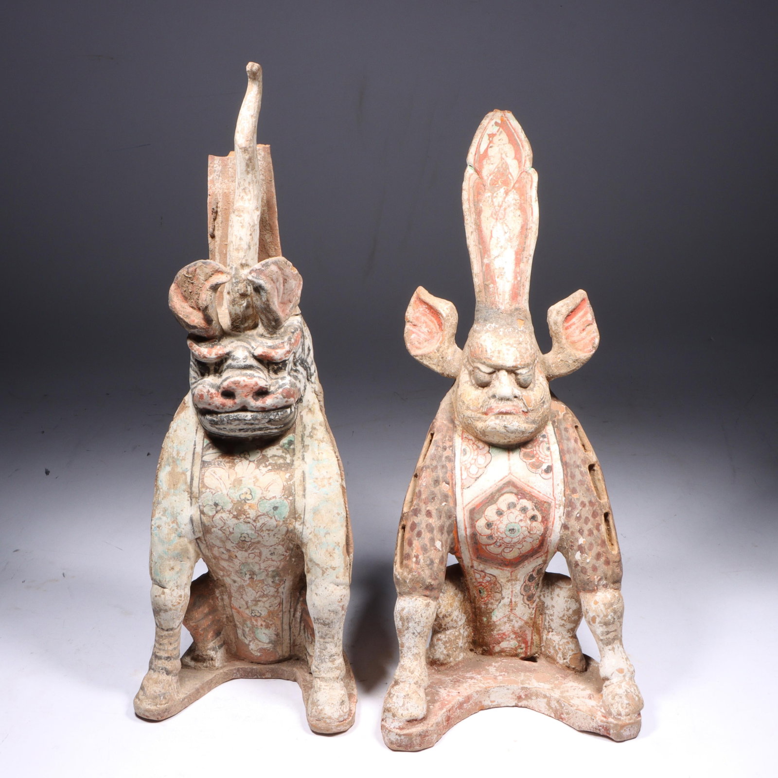 Chinese Tang Dynasty pair of polychrome terracotta pottery earth spirits 14"H x 5"W (one measured) (1 of 20)