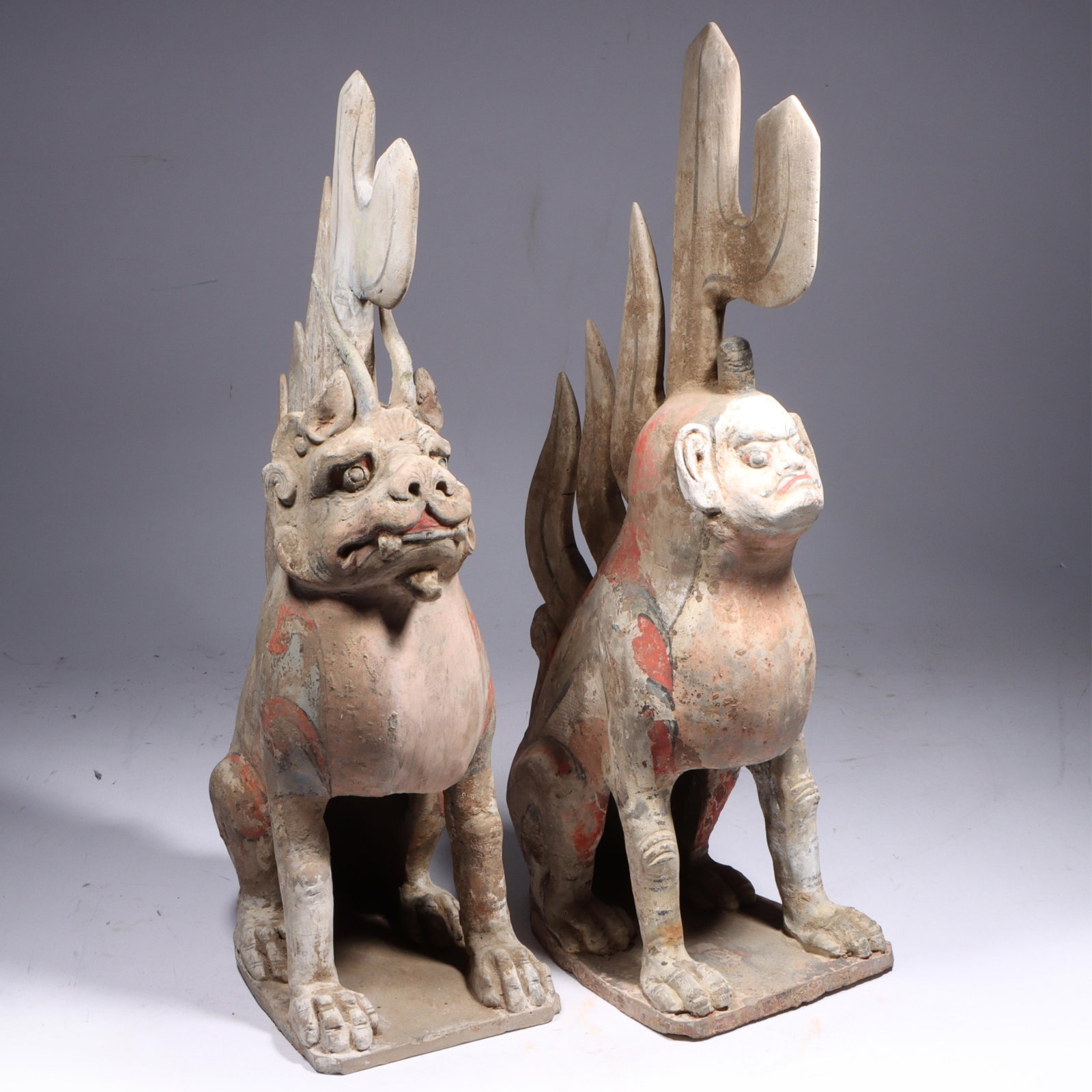 Pair Chinese Sui / Tang Dynasty polychrome pottery zhenmushou tomb guardian beast figures 19"H x 6"W (1 of 17)