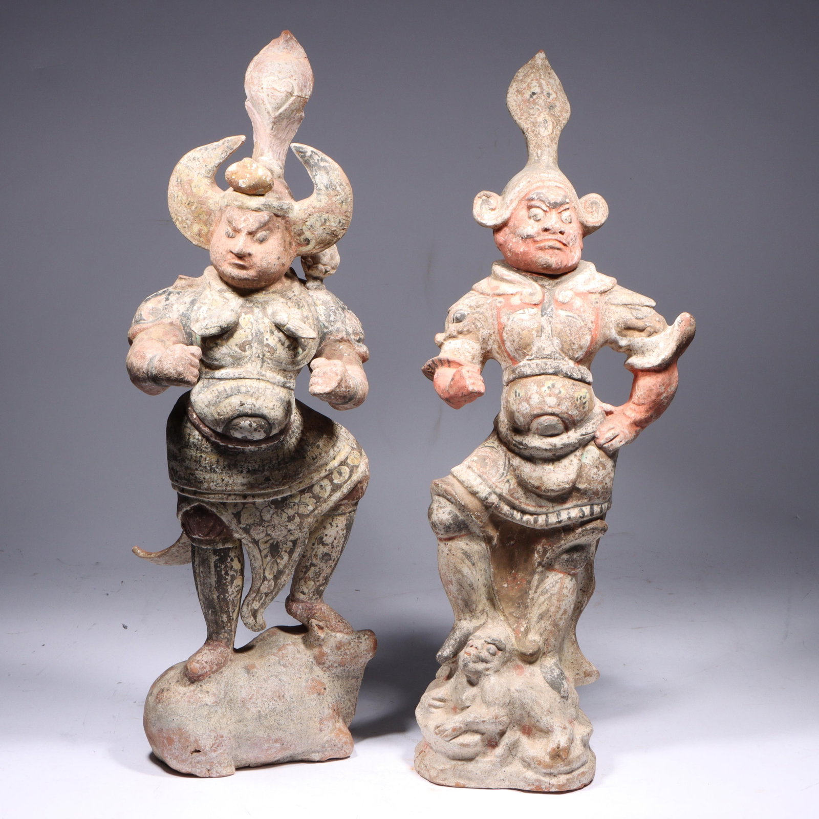 Chinese Tang Dynasty polychrome pottery Lokopala funerary figures. 20 1/2"H x 7 1/2"W (one) (1 of 15)