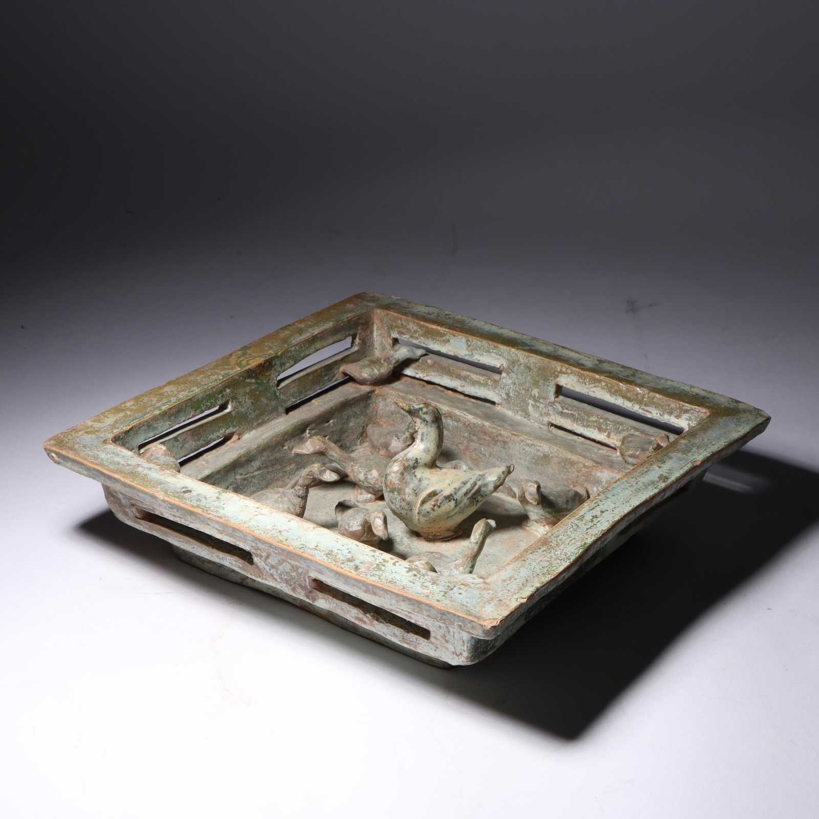 Chinese Han Dynasty duck pond; grey/green glazed pottery figure group 3"H x 10 1/4"W (1 of 12)