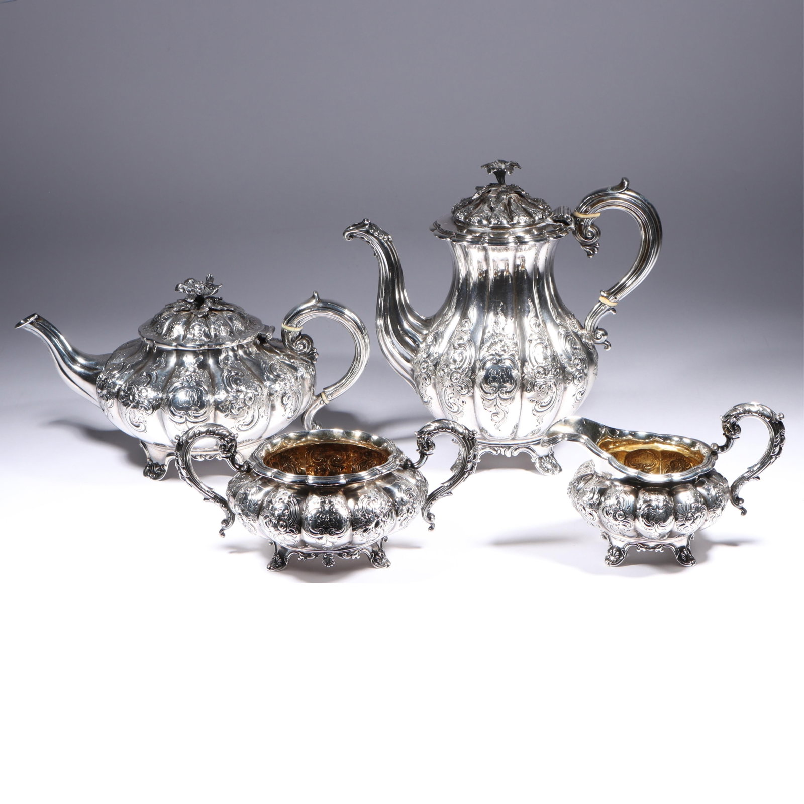 English George IV melon form lobed sterling silver footed tea set, Edward, Edward Jr., John & (1 of 12)