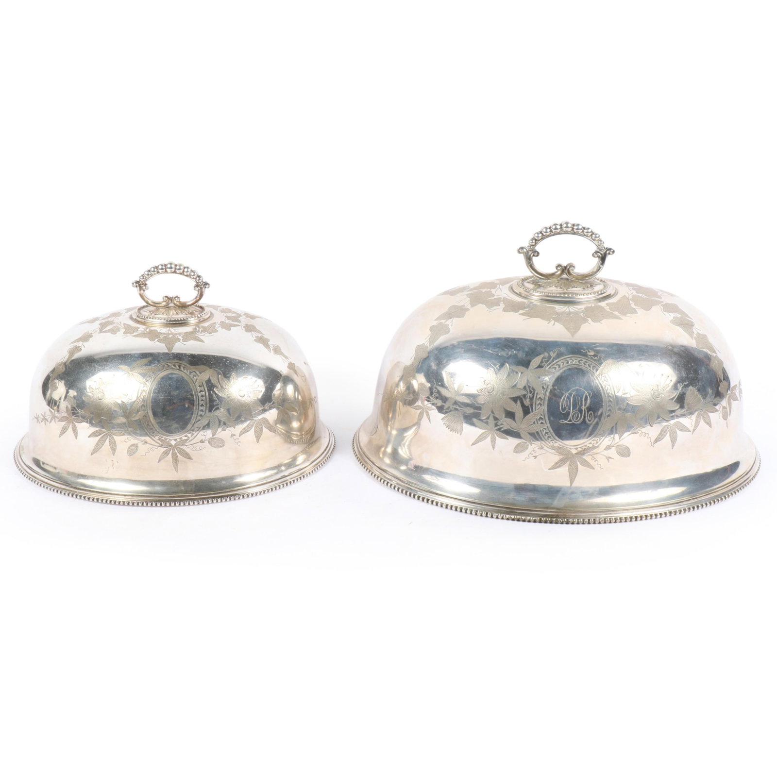 A matched set of two antique Victorian English Sheffield meat serving cloches, domes with identical (1 of 12)