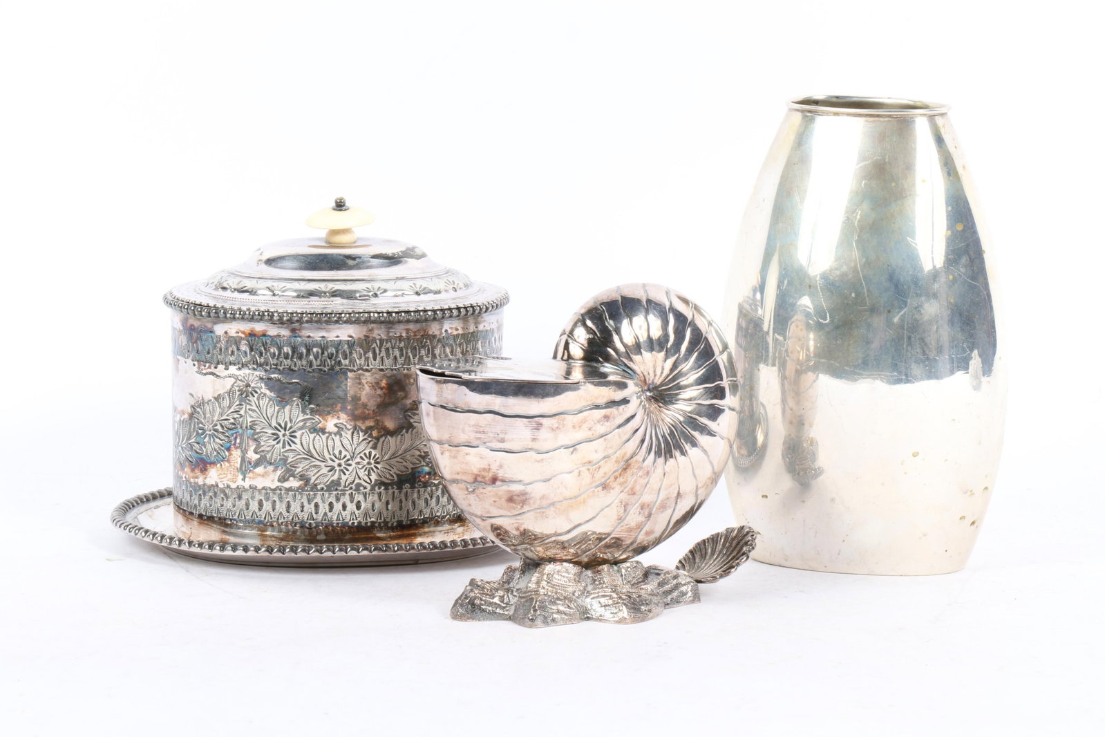 Vintage silver and plate 3pc group: Victorian Harrison Sheffield biscuit barrel, Dabbene .800 silver: Vintage silver and plate 3pc group: Victorian Harrison Sheffield biscuit barrel, Dabbene .800 silver modernist vase, Victorian style nautilus shell spoon warmer 8 1/2"H x 4 1/2"W x 3 1/2"D (Largest)