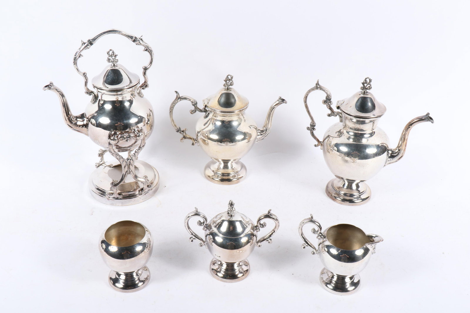 Birmingham silver-plated over copper tea and coffee service: tilting kettle on a stand, teapot, (1 of 15)