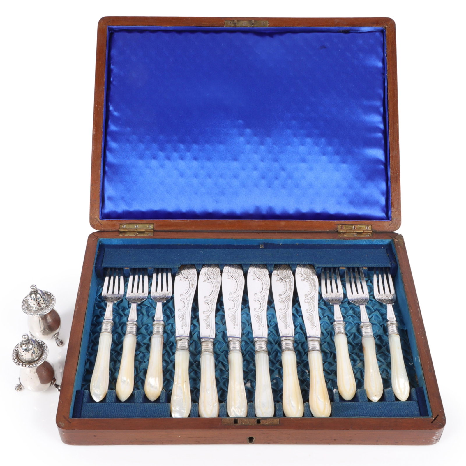 Victorian fish serving set with mother of pearl handles in chest and FLL.I. Peruzzi .800 silver: Victorian fish serving set with mother of pearl handles in chest and FLL.I. Peruzzi .800 silver clawfoot salt and pepper shakers 6 forks, 6 knives 2 1/2"H x 13 3/4"W x 10"D (wooden box measured)